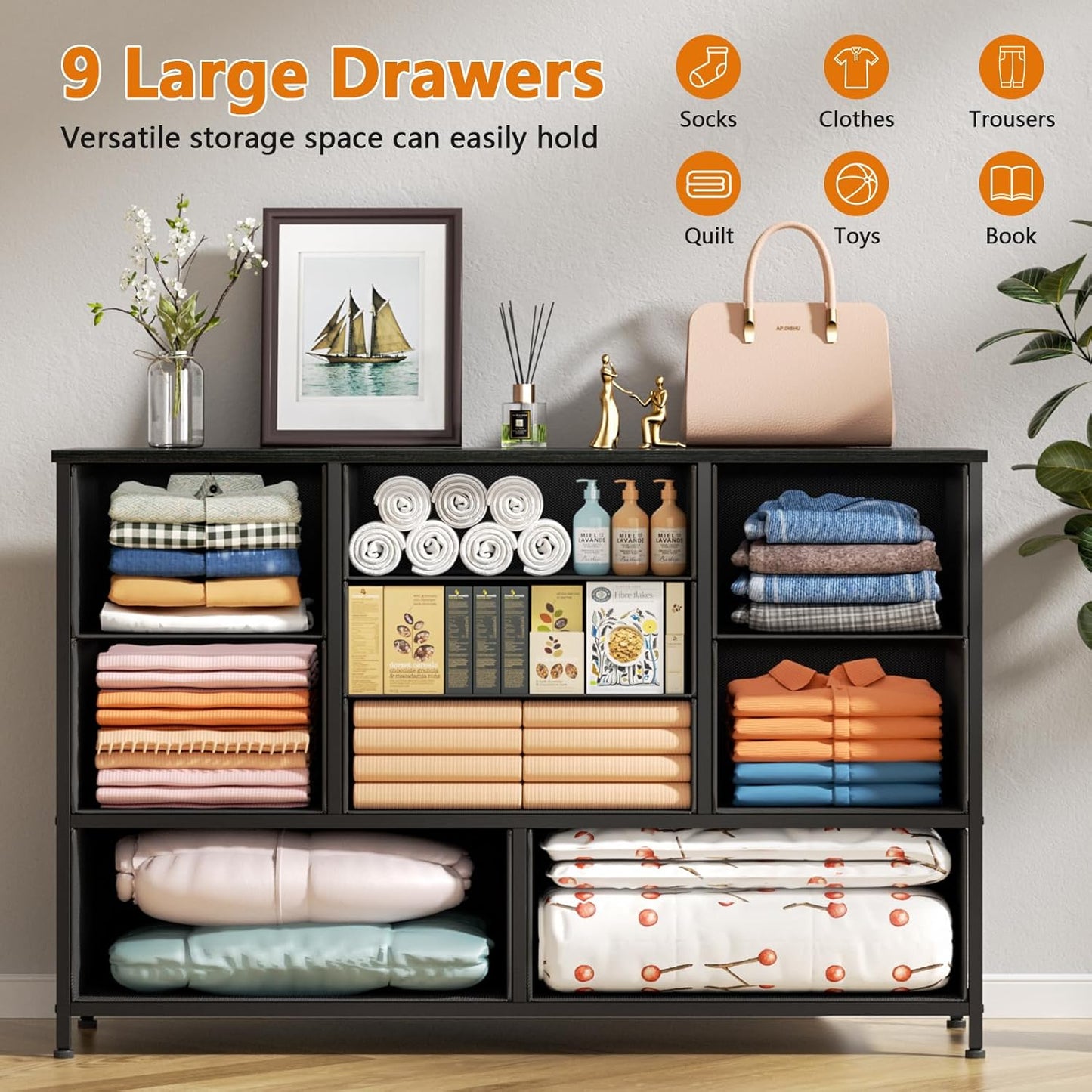 Furnulem Dresser for Bedroom with 9 Large Drawers for 55'' Long Chest TV Stand Entertainment Center, Wood Shelf Storage for Living Room, Dorm, Closet, Entryway, Sturdy Metal Frame(Black Oak)