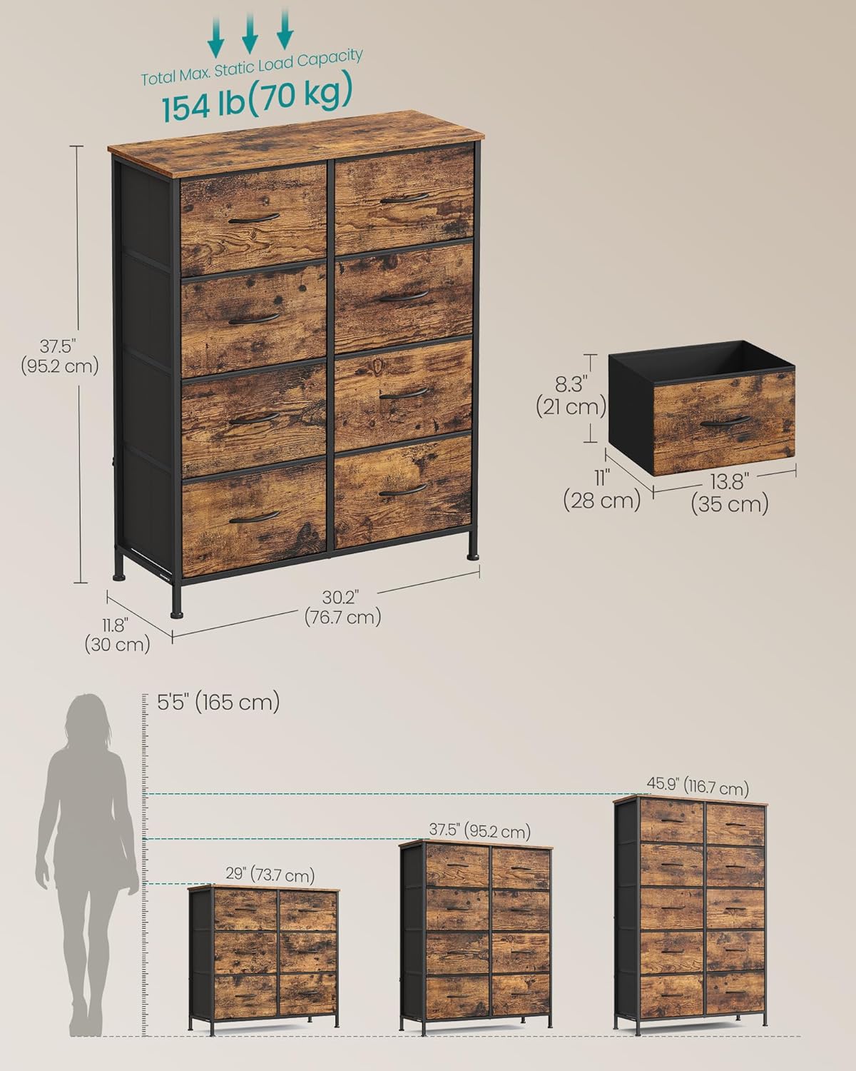 SONGMICS Dresser for Bedroom, Chest of Drawers, Steel, MDF, 8 Non-Woven Fabric Drawers, Storage Organizer Unit, Closet, Entryway, Rustic Brown and Ink Black LGS124B02S