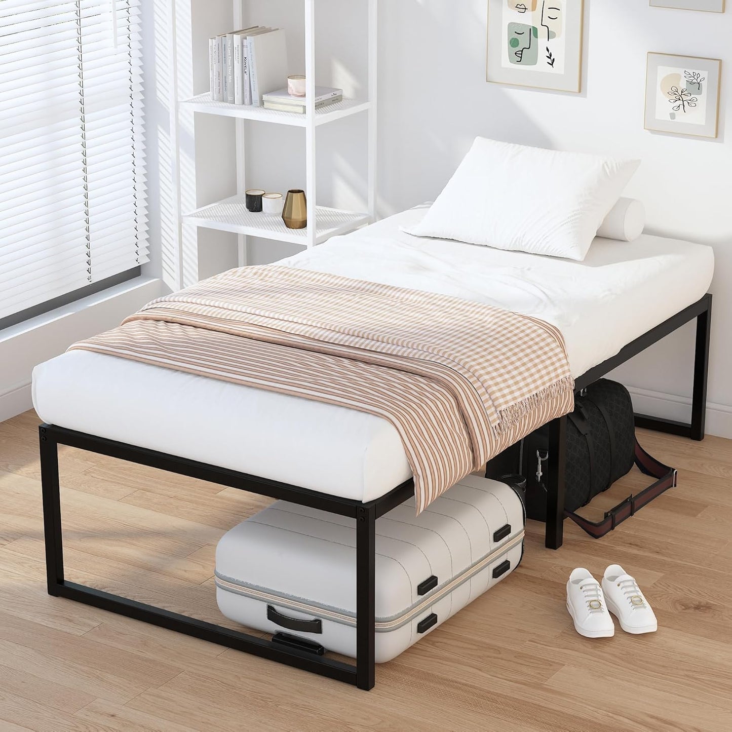 EMODA 16 Inch Narrow Twin Bed Frame 30x75, Heavy Duty Metal Platform No Box Spring Needed, Easy Assembly Noise Free, Black