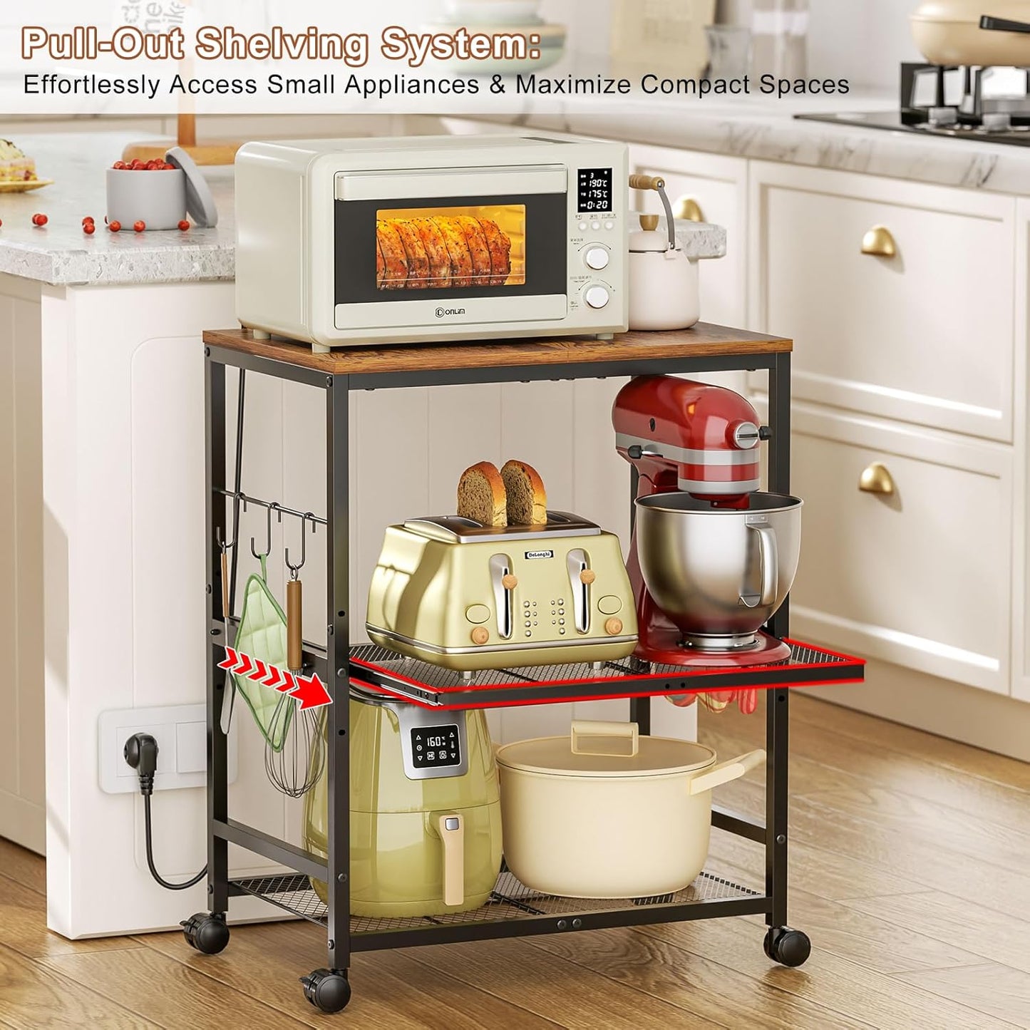 Microwave Cart with Adjustable Drawer Slider Shelves, 3 Tier Rolling Kitchen Microwave Stand with Storage, Small Kitchen Utility Cart on Lockable Wheels, Coffee Cart with Hooks