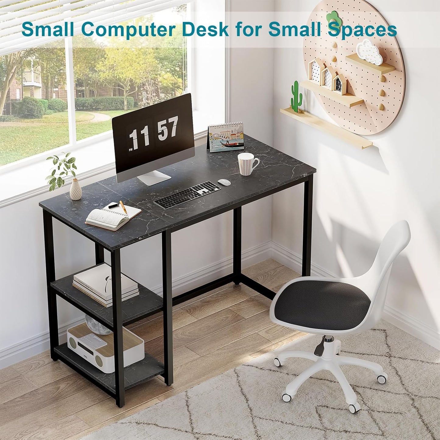 SINPAID Computer Desk 40 inches with 2-Tier Shelves Sturdy Home Office Desks with Large Storage Space Modern Gaming Desk Study Writing Laptop Table, Black Marbling