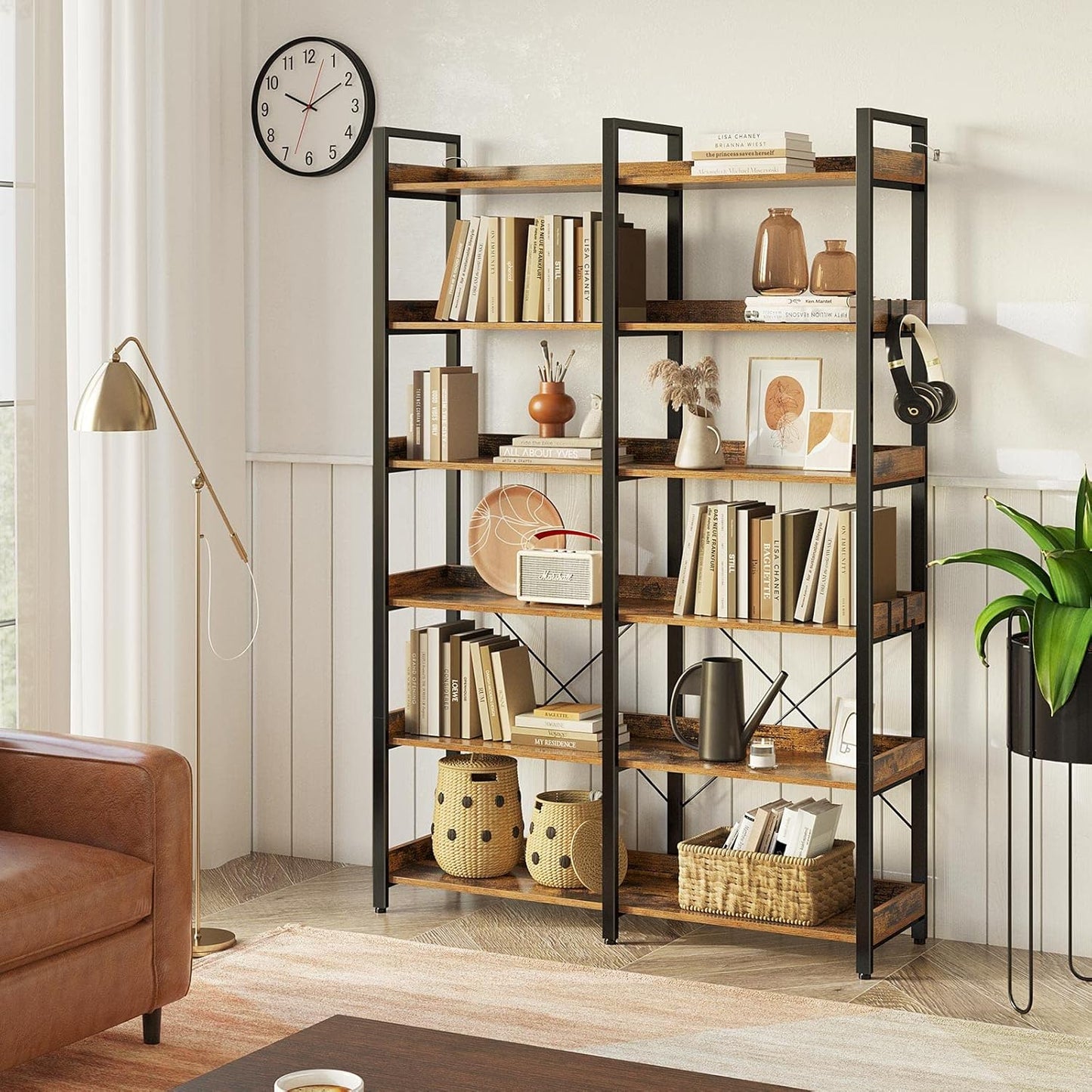 Seventable Bookshelf 6 Tier with 4 Hooks, 67” Industrial Wooden Bookcase, Vintage Storage Rack with Open Shelves, Rustic Standing Bookshelves Metal Frame 43.3” Wide Display Rack, Rustic Brown