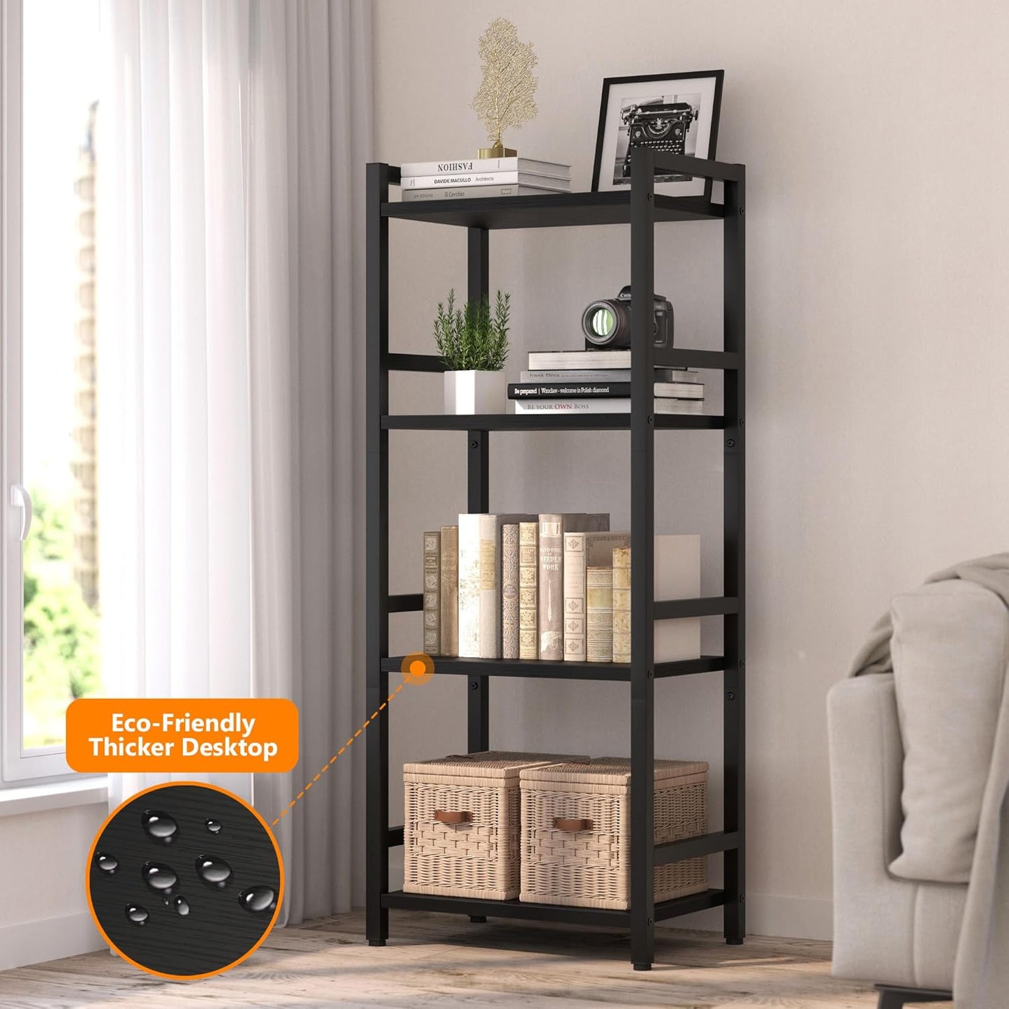 Book Shelf, 4 Tier Bookcase with Steel Frame, Stable Bookshelf Narrow Book Shelves Storage Organizer for Book CD Movie, Open Book Shelves for Living Room, Home Office, Study, Black