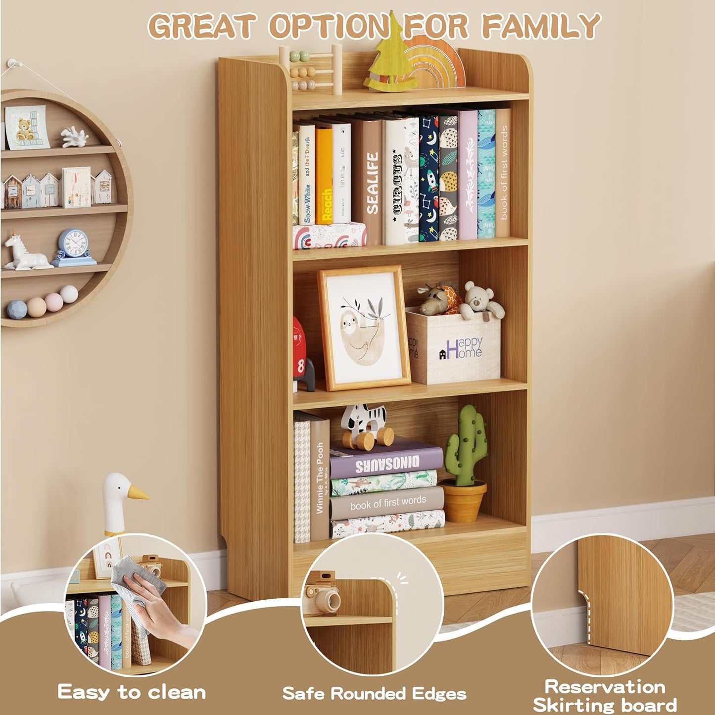 Lkeiyay Kids Bookshelf,Wooden Storage Shelf Organizer,4-Tier Montessori Kids Shelf,Wooden Storage Cabinet Shelves for Kids Room,Playroom(Natural)