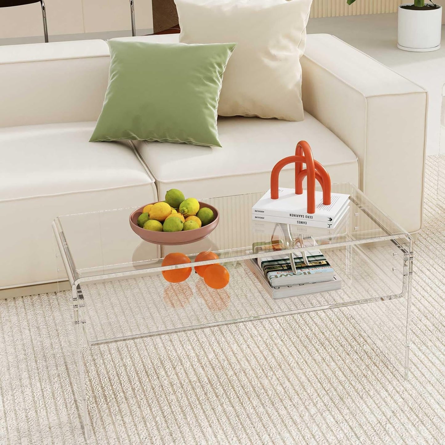 32inch Premium Clear Acrylic Rectangle Coffee Table with Storage Shelf for Living Room,Mid Century Transparent Waterfall Low Tea Table, Middle Size Table (32"x16"x16") Fit for 2 Seat Sofa