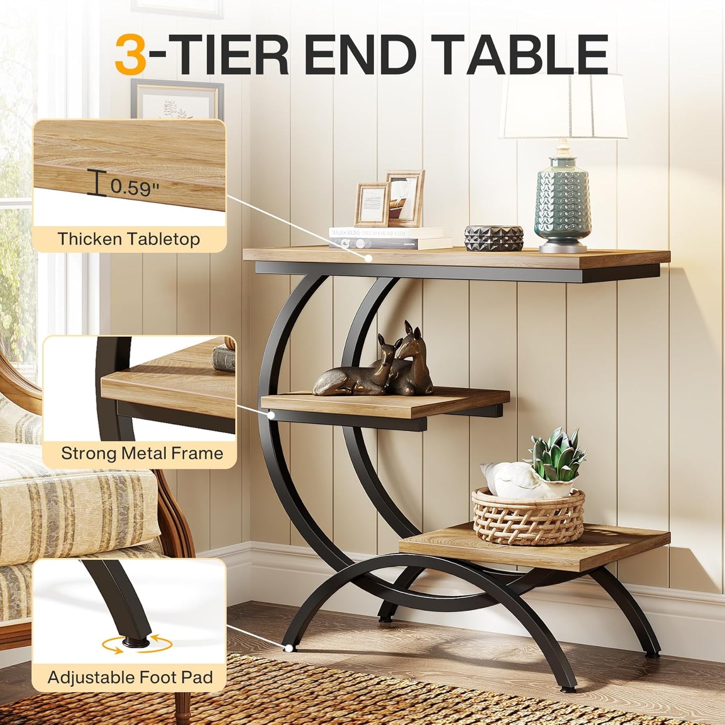 Tribesigns C-Shaped End Table, Industrial 3-Tier Small Side Table for Couch, Wood Bedside Table Snack Side Table with Storage Shelves for Living Room Small Space, Light Brown