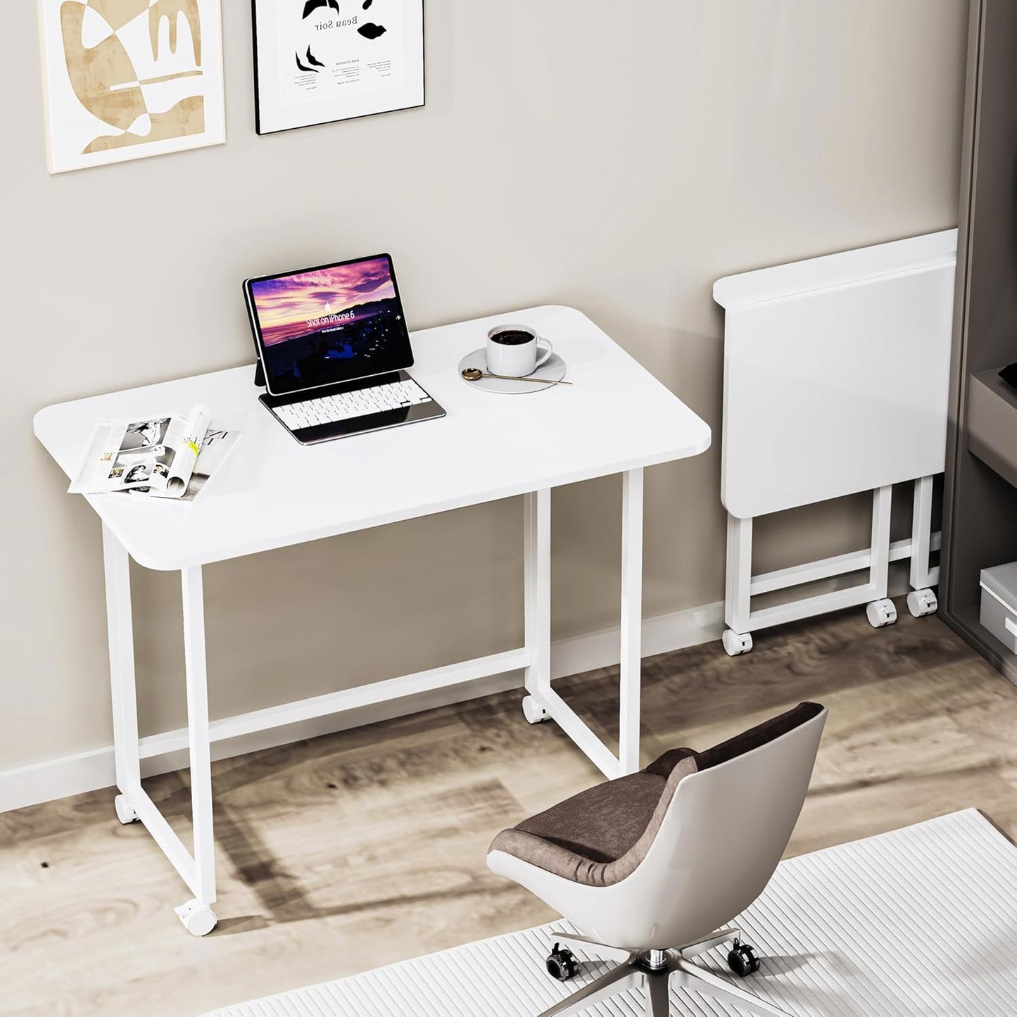 Folding Desk,Not Require Assembly,Small Foldable Desk 31.5" for Small Spaces,Space Saving Computer Table Writing Workstation for Home Office,White