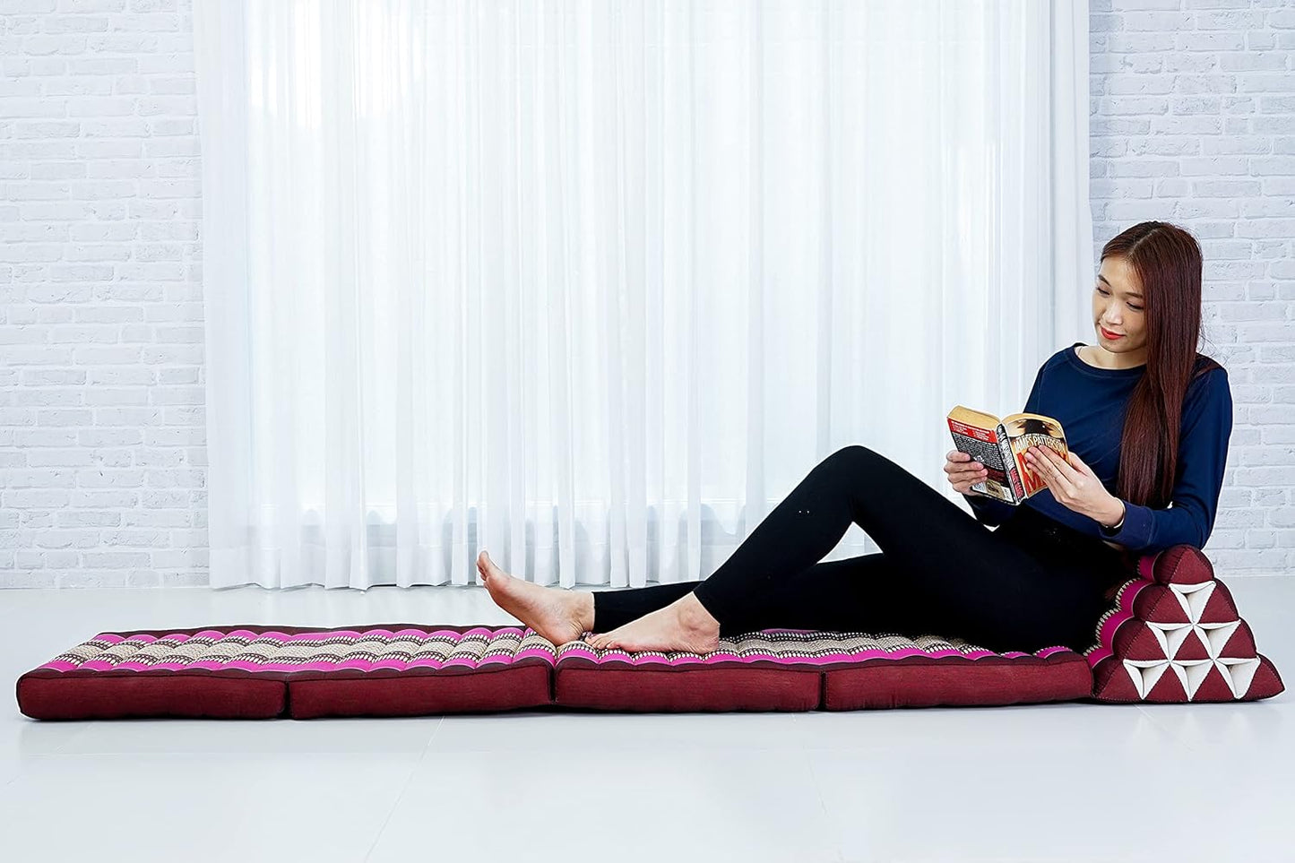 Leewadee Comfortable Japanese Floor Mattress - Thai Floor Bed with Triangle Cushion - Futon Mattress - XL Extra Long Thai Massage Mat, 89 x 20 inches, Auburn Pink, Kapok Filling