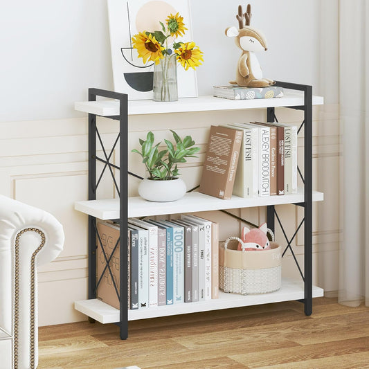 HCHQHS Bookshelf, 3-Tier Industrial Bookcase, Open Book Shelf, Freestanding Horizontal Bookshelves with Metal Frame