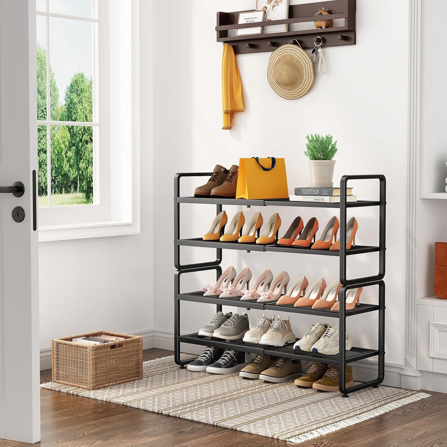 Shoe Rack - Expandable Shoe Organizer for Closet, Adjustable Metal Shoe Shelf Storage, 4 Tier Stackable Long Shoe Stand Holder for Garage, Entryway, Door Entrance, Black