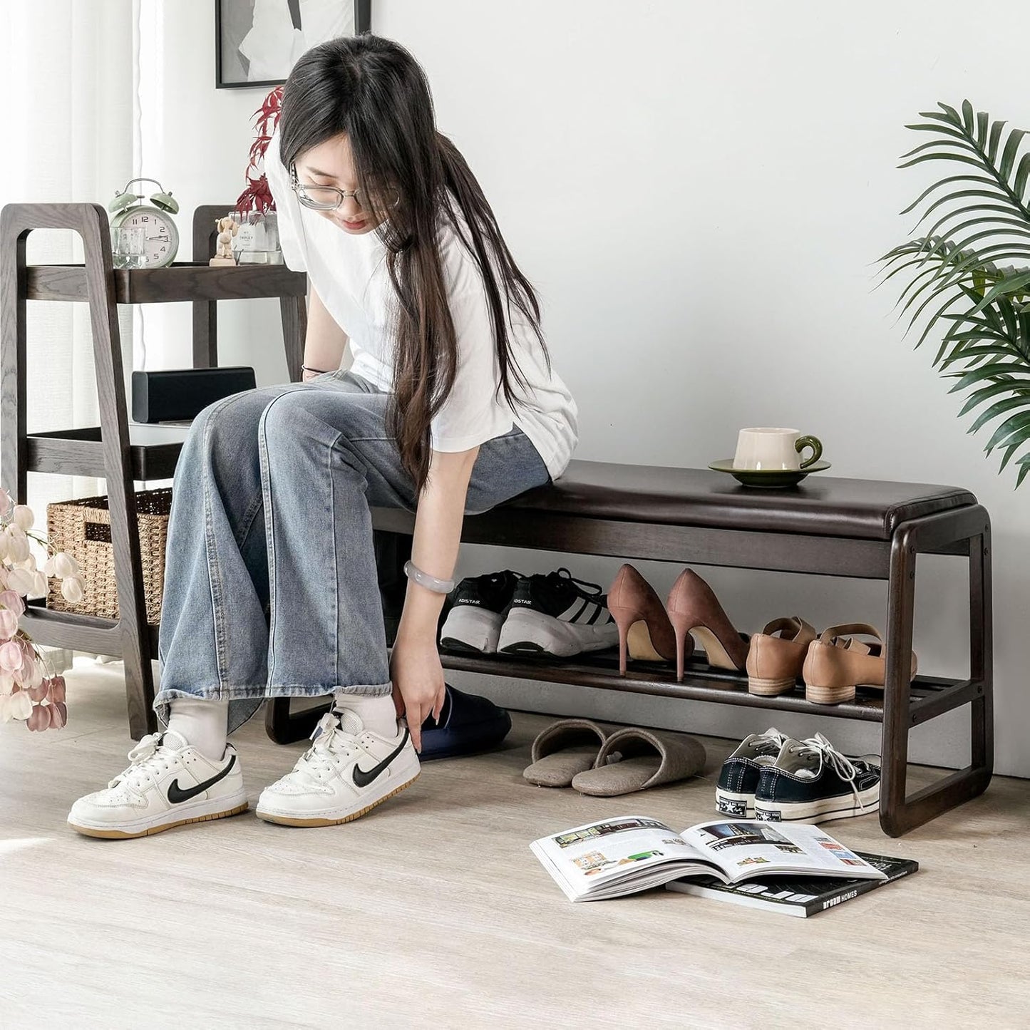 Shoe Bench, Entryway Bench with Leather Cushion, Solid Wood Shoe Rack, Mid Century Modern Bench, Shoe Storage, Shoe Organizer for Entryway (Brown, 39.4" W)