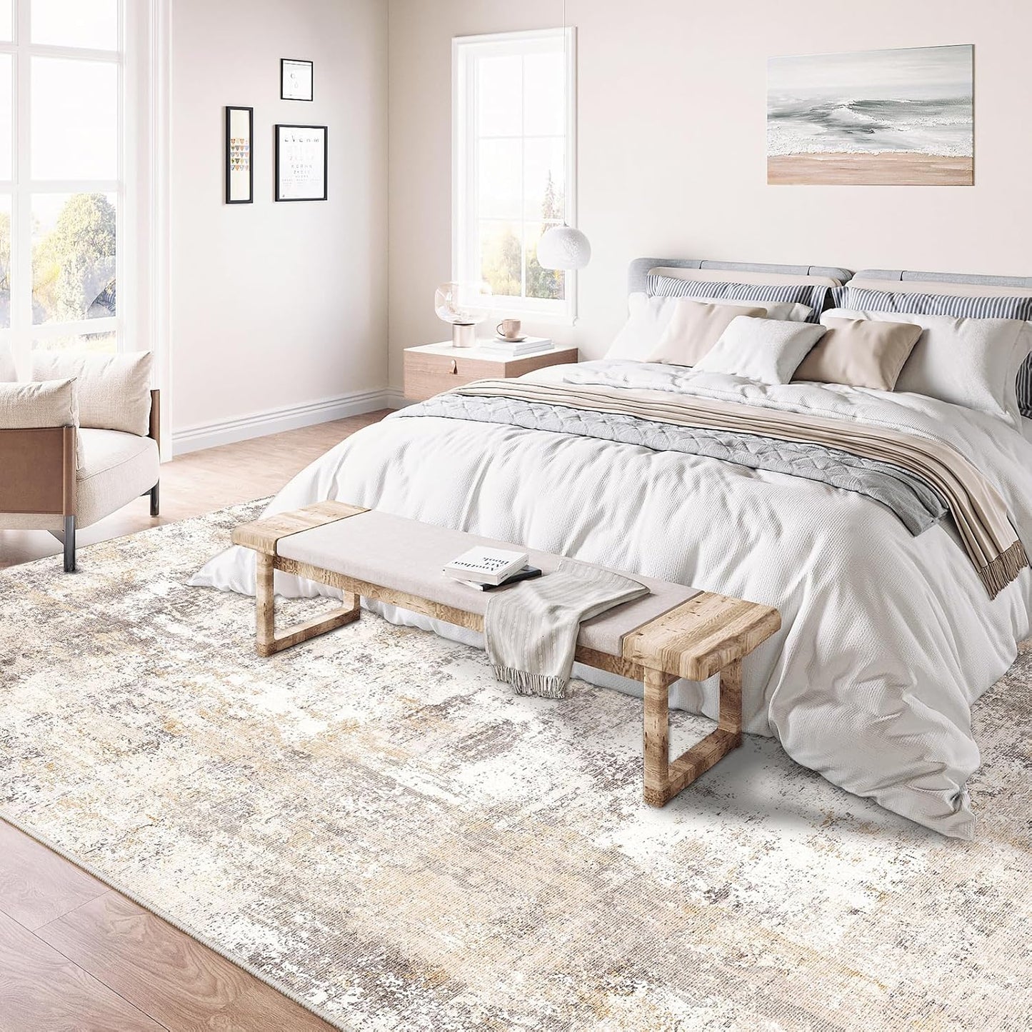 10x12 Washable Area Rug Beige Grey Neutral Abstract Living Room Bedroom Large Throw Rug Non Slip Soft Low Pile Indoor Floor Carpet for Dining Room Kitchen Office Entryway