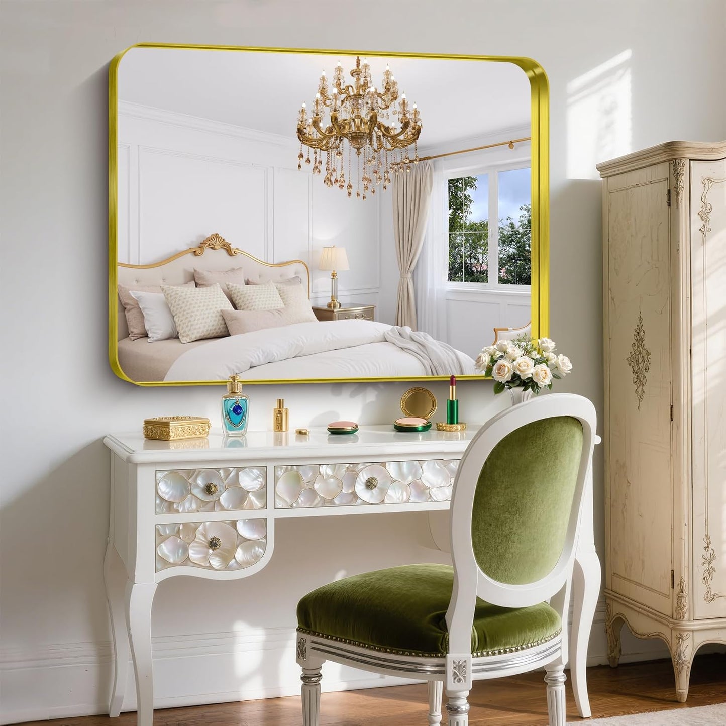 FORBATH 48x36 Inch Bathroom Mirror, Brushed Gold Deep Frame Wall Mirror with Rounded Corners, Anti-Rust Glass for Modern Farmhouse Vanity (Horizontal/Vertical Hanging)