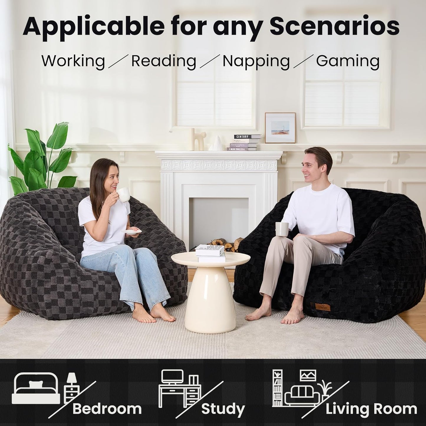 Bean Bag Chairs for Adults, Giant Beanbag Sofa Comfy Reading Chair, Oversized Bean Bag Chairs for Living Room Bedroom, Soft Faux Fur Fabric, 3.2FT, Black, Checkered