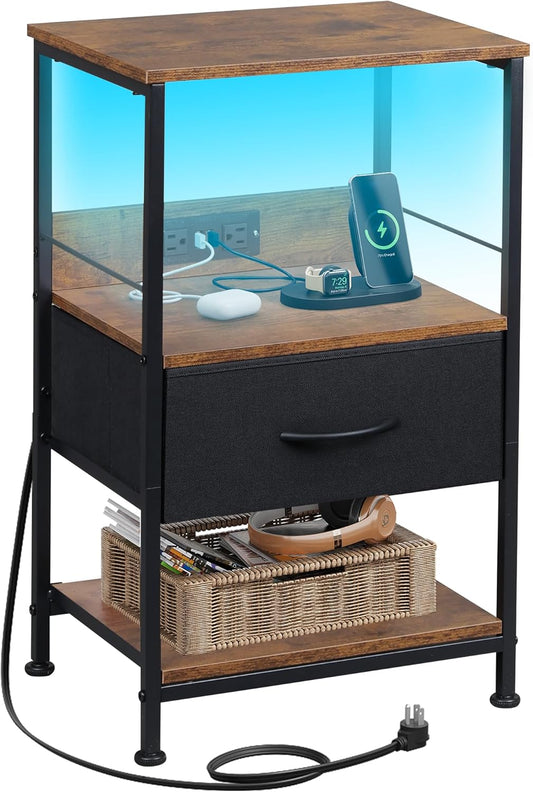 WLIVE LED Night Stand, Nightstand with Charging Station, Small Bed Side Table with Fabric Drawer and Open Shelves, Tall End Table with USB Ports & Outlets, Black and Rustic Brown