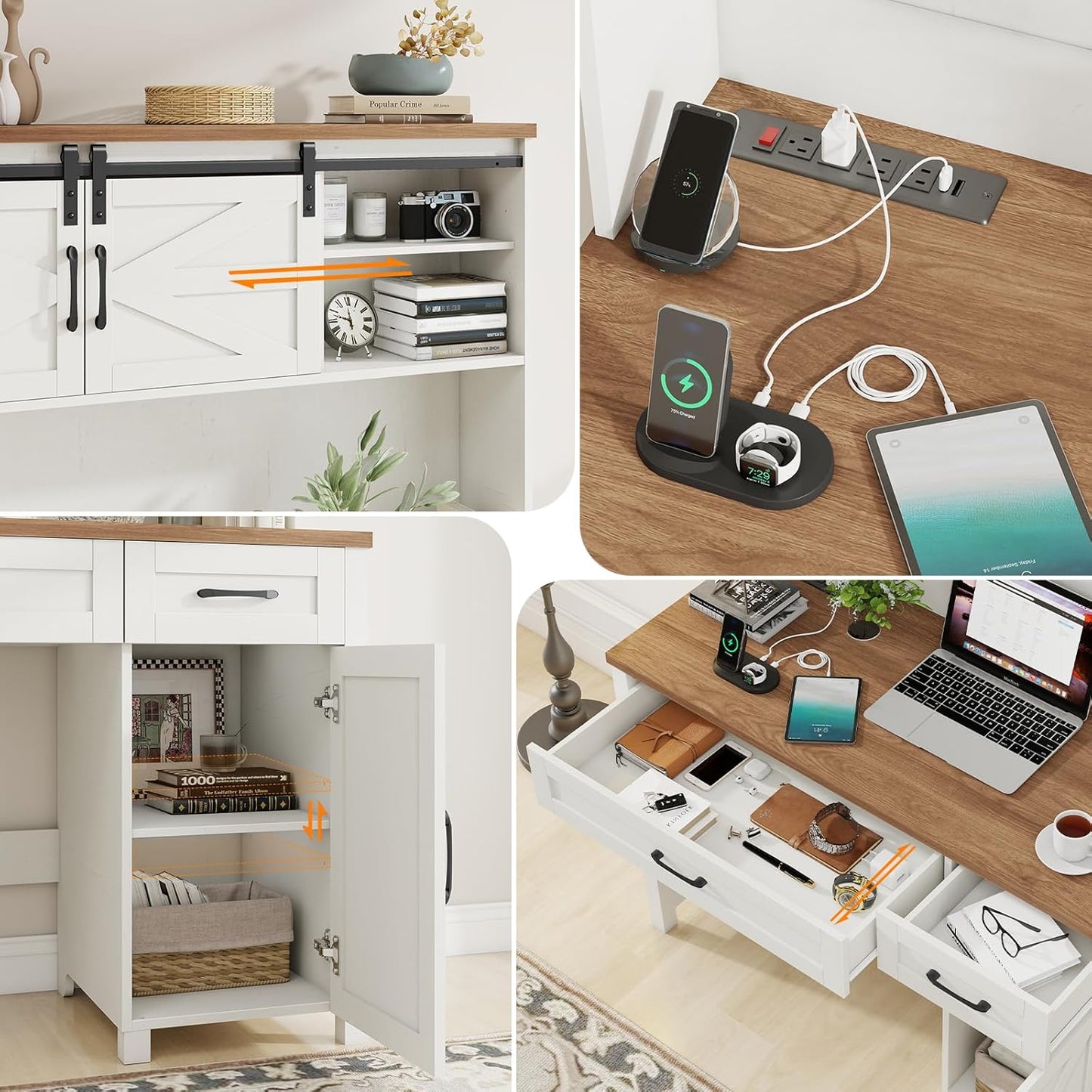 Farmhouse 47" Executive Desk, Computer Desk with Drawers and Storage Cabinet, Home Office Desks with Hutch and Charging Station, Workspace for Work & Study (Unique White).