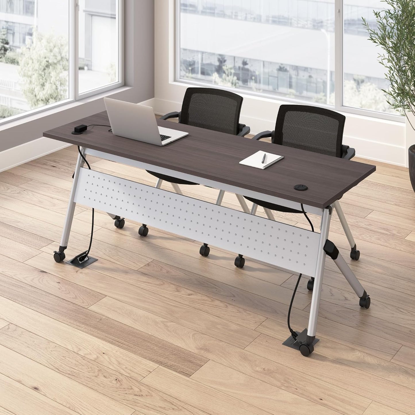 Bush Business Furniture Folding Training Table Set for 2, 72 inch Desk with Powered Grommets and 2 Chairs with Arms, Commercial-Grade Bundle for Office or Classroom, Envision Collection, Gray