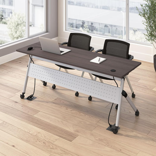 Bush Business Furniture Folding Training Table Set for 2, 72 inch Desk with Powered Grommets and 2 Chairs with Arms, Commercial-Grade Bundle for Office or Classroom, Envision Collection, Gray