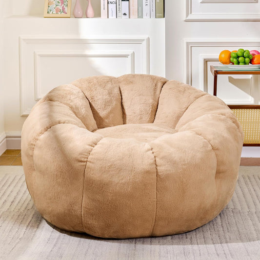 Bean Bag Chair with Filler Included, Faux Fur Comfy Chair with Petal Arm Rest Fluffy Reading Chair for Bedroom, Living Room, Dorm, Game - Taupe, Large, Low Support