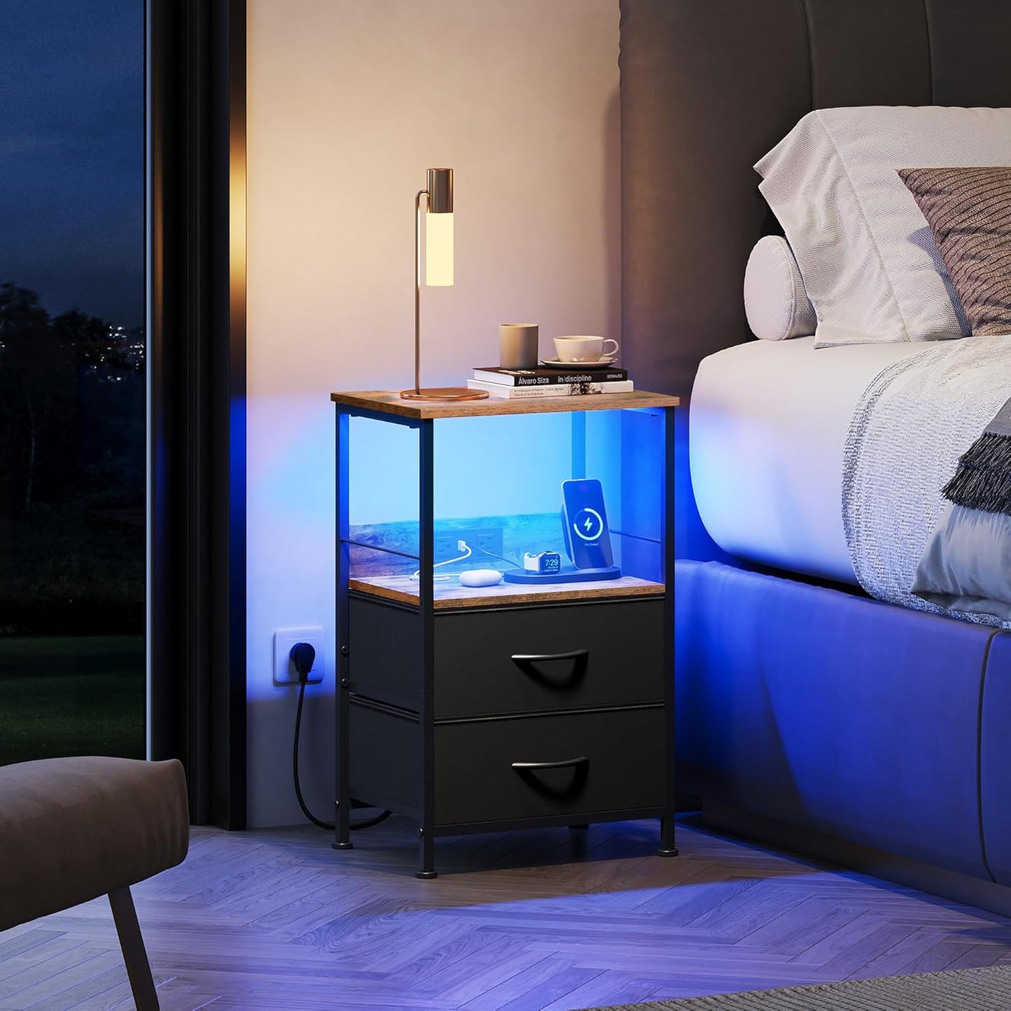 WLIVE Nightstand with Charging Station, LED Night Stand with 2 Fabric Drawers and Open Shelf, Small Dresser for Small Spaces, Side End Tables for Bedroom, Rustic Brown and Black