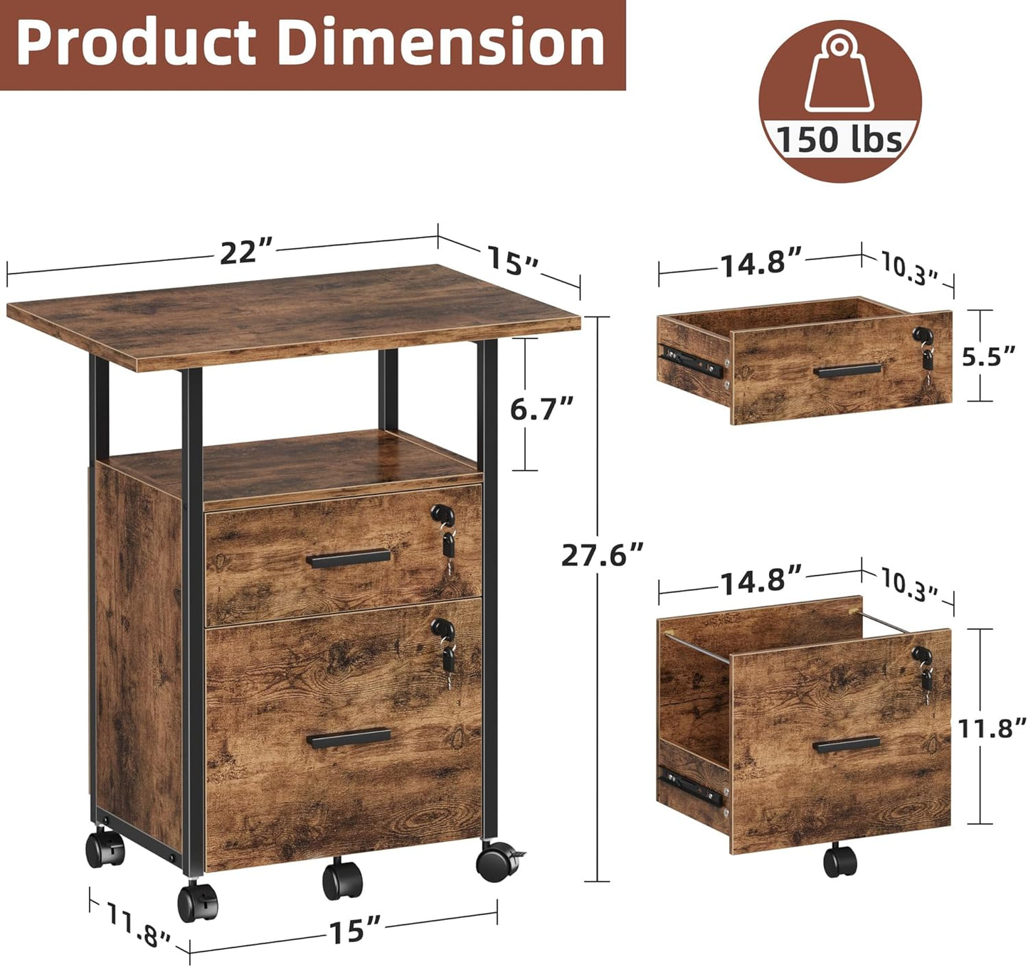 2 Wood Drawer Lockable File Cabinet with 22'' Extended Desktop, Mobile Filing Cabinet with Side Bag, Rolling Printer Stand, Fits A4&Letter Size, Home Office, Rustic Brown
