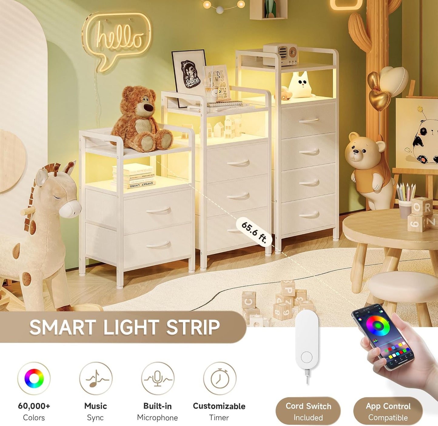 Night Stand Bedside Charger Bedroom - Nightstand with Charging Station, Bed Side Table with LED Light Strip, End Table with U-S-B Ports & AC Outlets, Storage Shelf & 3 Fabric Drawers, White