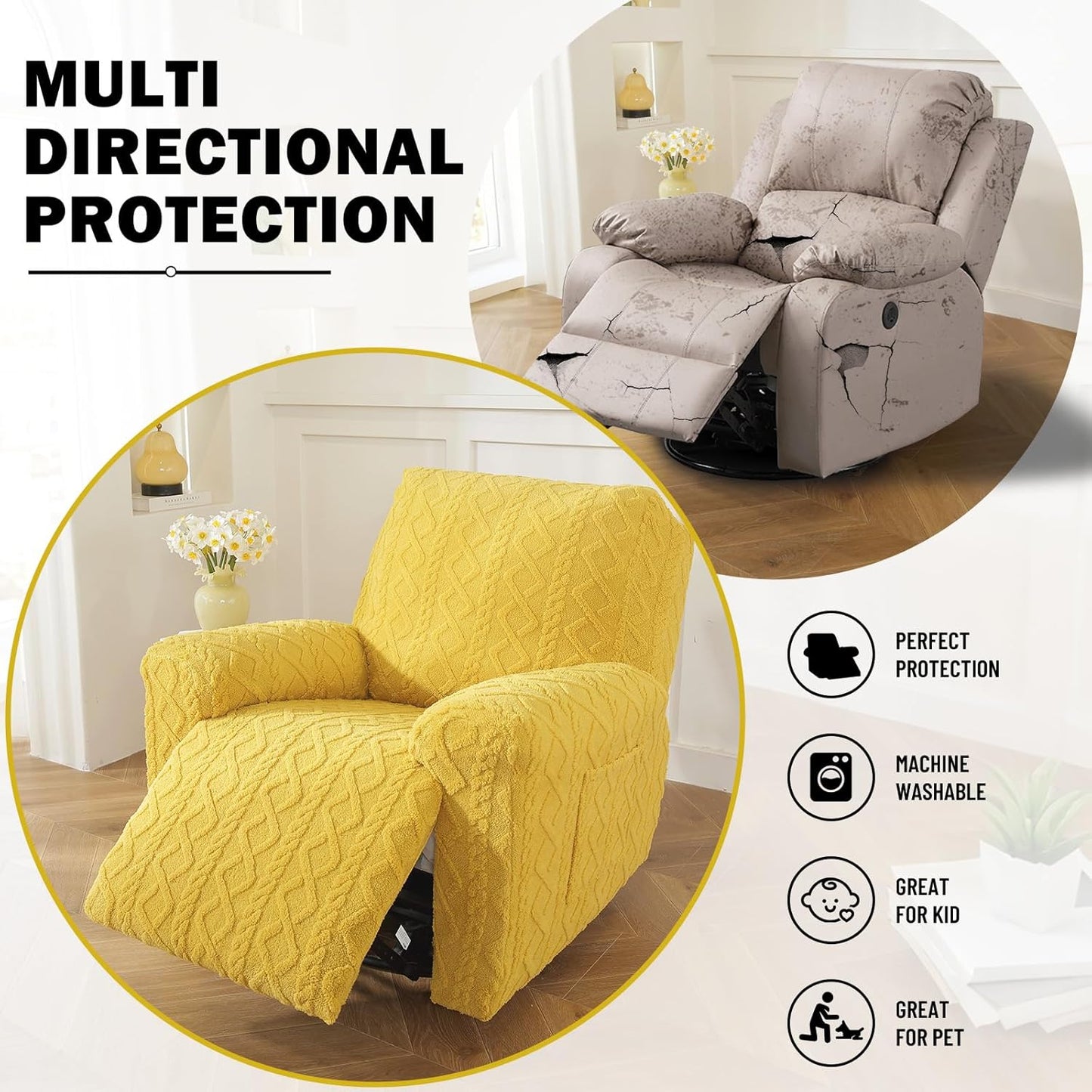 vctops 4 Pieces Geometric Jacquard Plush Recliner Slipcovers Soft Fuzzy Fluffy Sofa Couch Cover Anti-Slip Furniture Protector with Elastic Bottom for Kids Cats Dogs(Yellow,1 Seat)