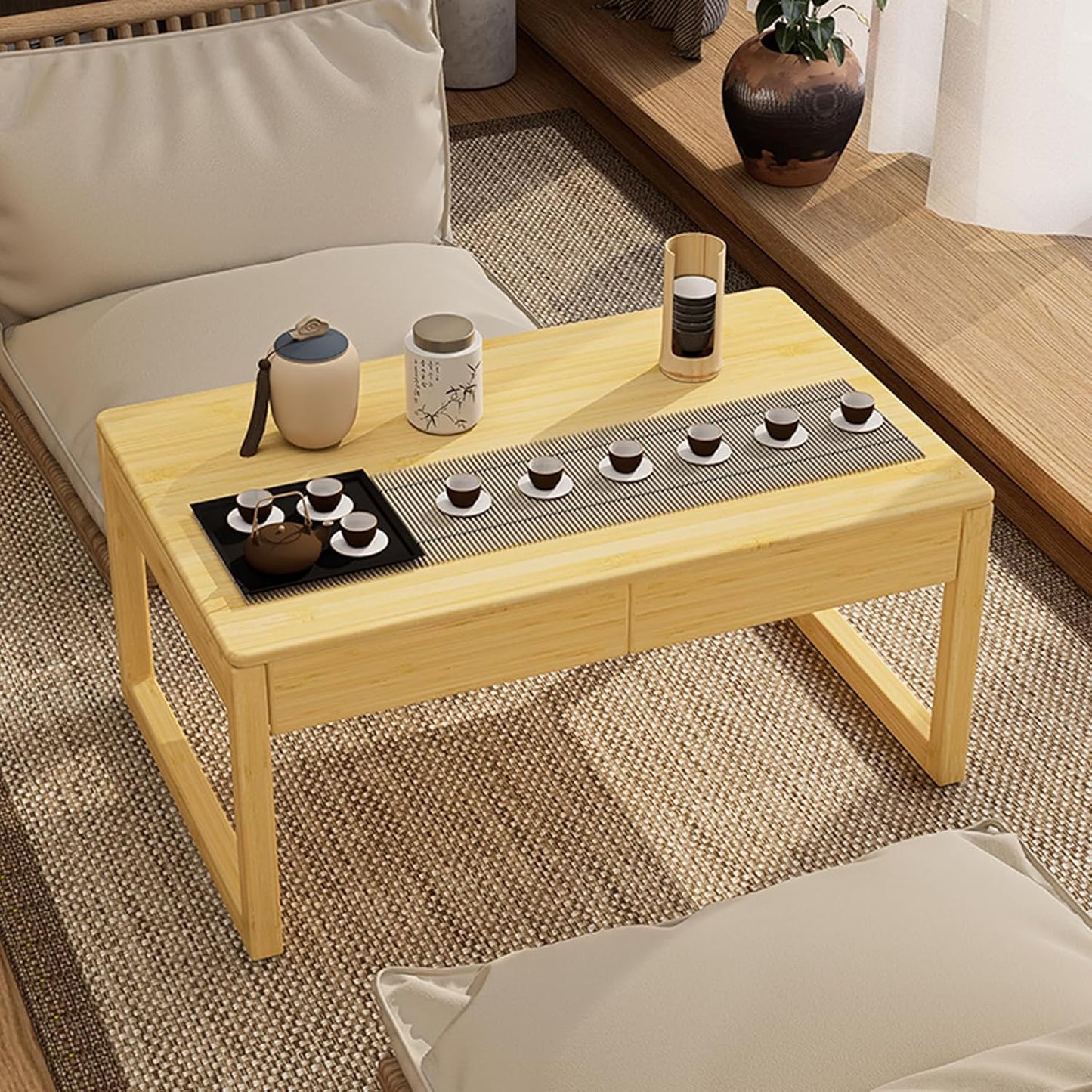 Japanese Floor Coffee Table,Bamboo Low Table,Japanese Tea Table for Sitting Tatami Meditation Living Room Home Office(Wood Color)