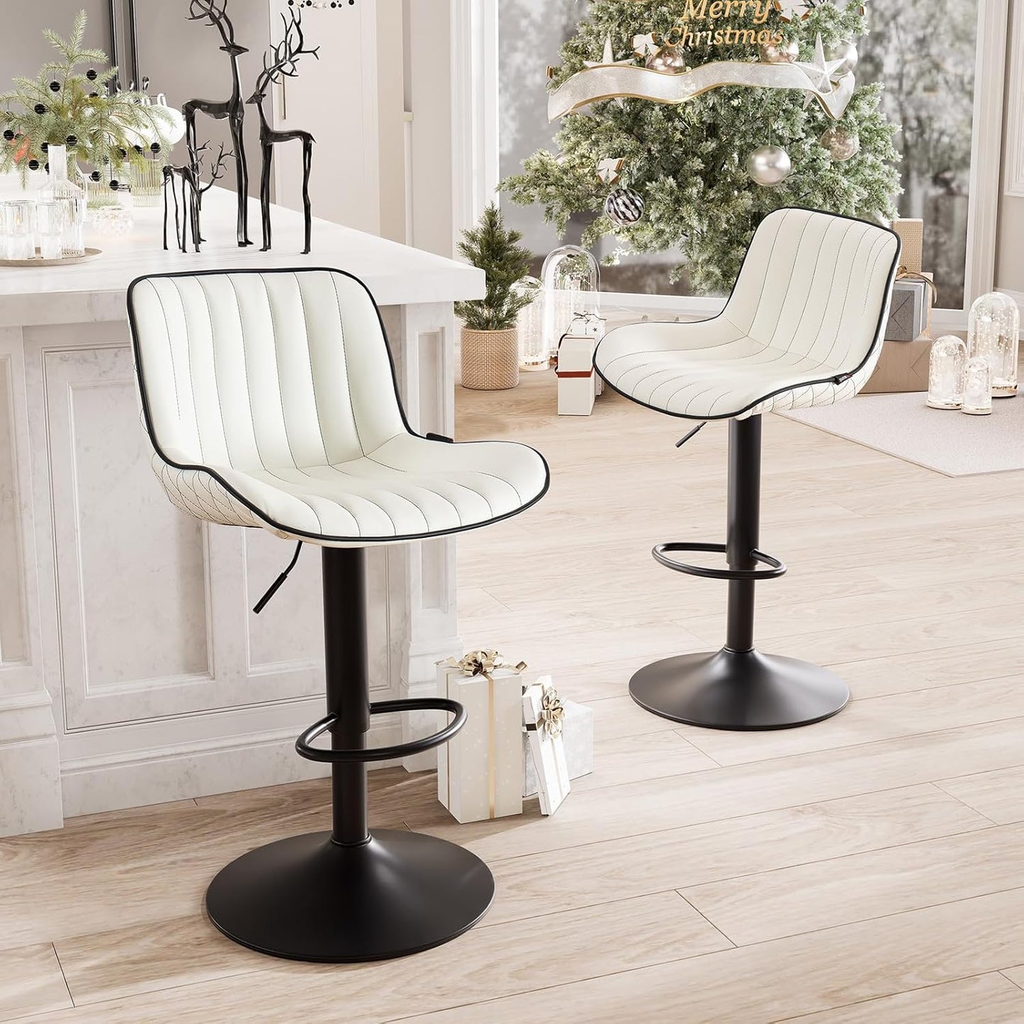 YOUNUOKE Bar Stools Set of 2, Adjustable Swivel Counter Height Chairs with Back, White PU Leather Upholstered Barstools for Kitchen Island Home Bar