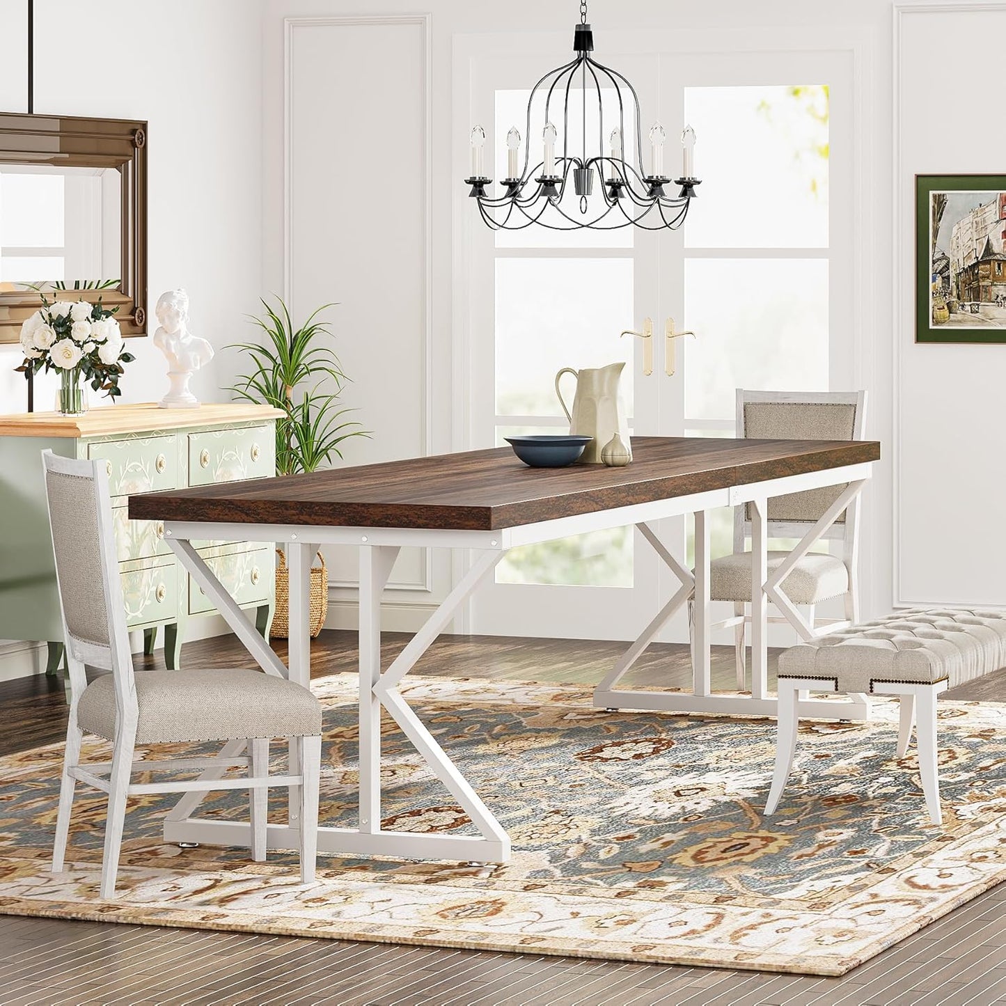 Tribesigns Farmhouse Dining Table for 6-8 People, 78.7-Inch Rectangular Wood Dining Table, Rustic Kitchen Table with Heavy Duty Metal Legs for Dining Room