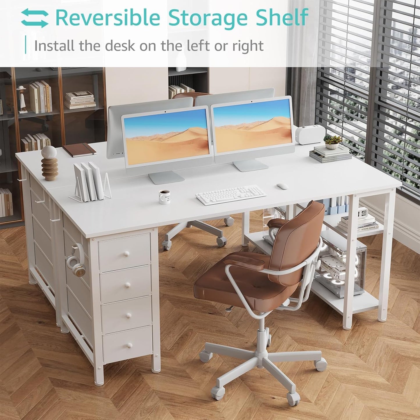 Lufeiya White Computer Desk with Fabric Drawers & Storage Shelves, 63 Inch Study Work Writing Desk for Home Office Bedroom, Simple Modern Cute PC Desks Table, White