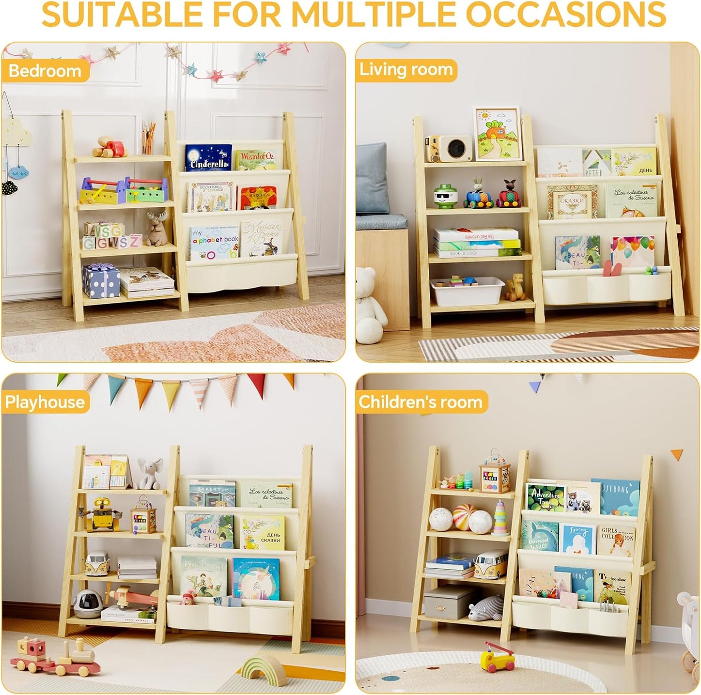 Toy Storage Organizer with Kids Bookshelf, Montessori Wooden Toy Organizer Book Shelf for Kids Rooms, Nursery, Playroom, Child, Baby, Toddler Bookcase, Toys Rack Fabric Sling Book Shelves