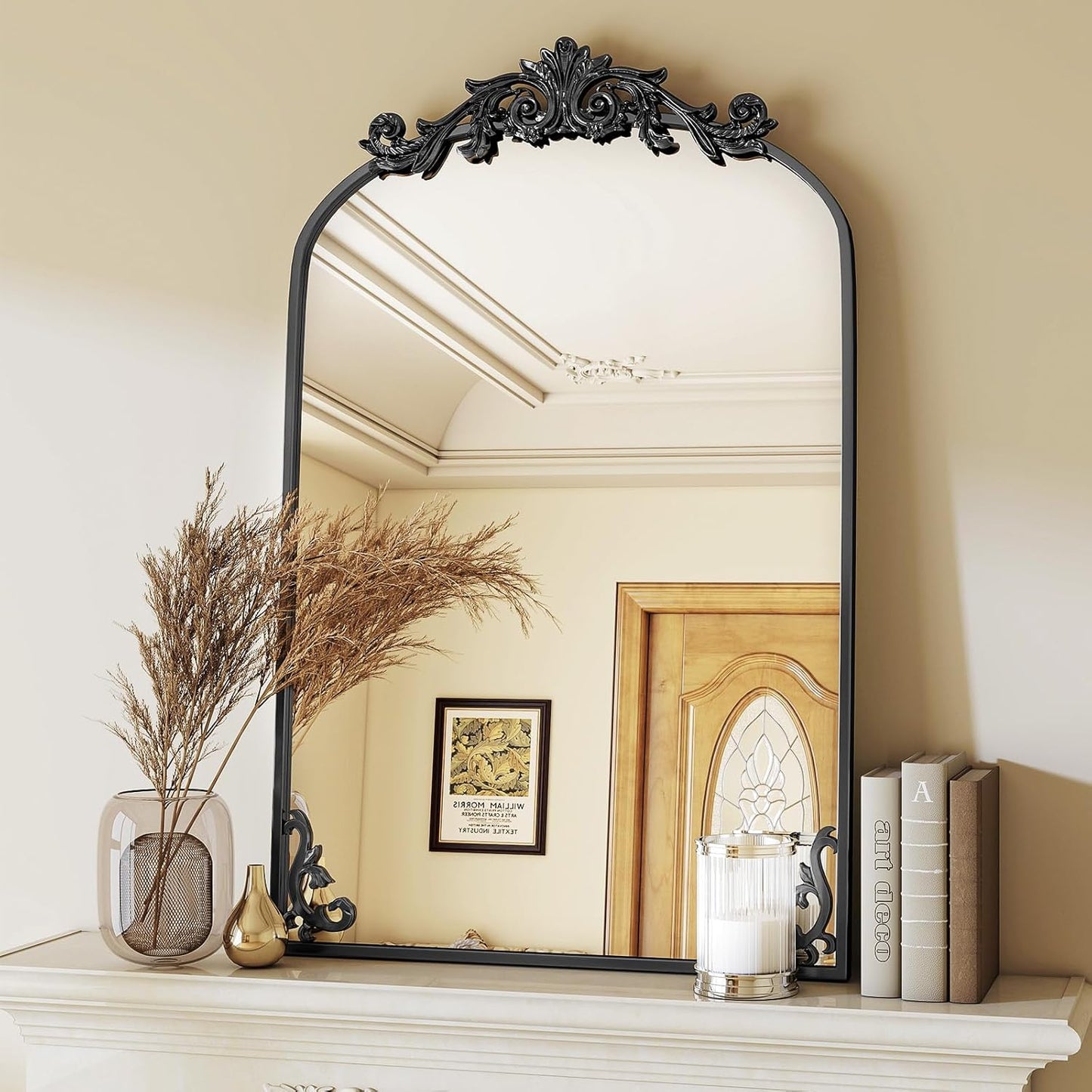 24x36 inch Vintage Arched Bathroom Mirror - Gorgeous Wall Vanity Mirror with Beautiful Retro Top and Bottom Engraving Process Frame for Entryway Hallway Living Room, Black