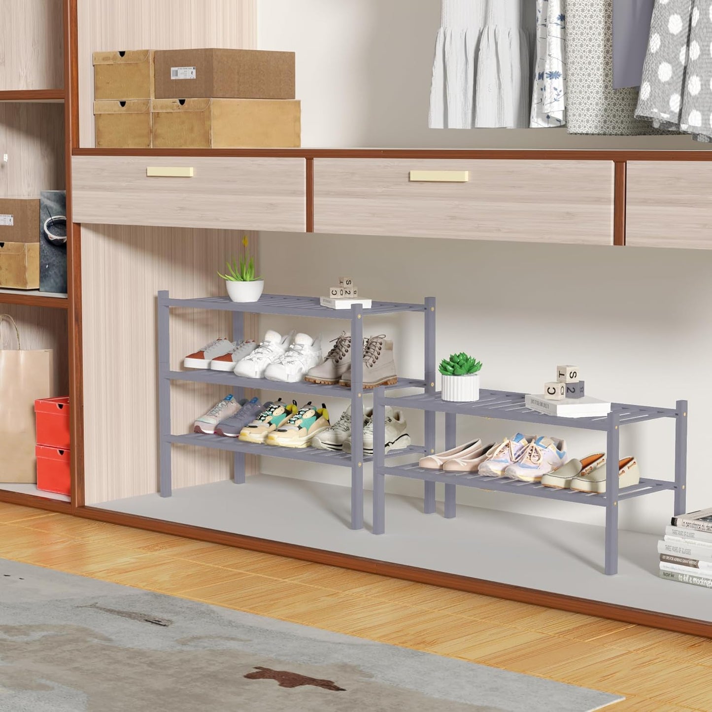 2 Tier Bamboo Shoe Rack for Closet Free Standing Wood Shoe Shelf for Entryway Small Space Stackable 27"x11"x13" (Grey)