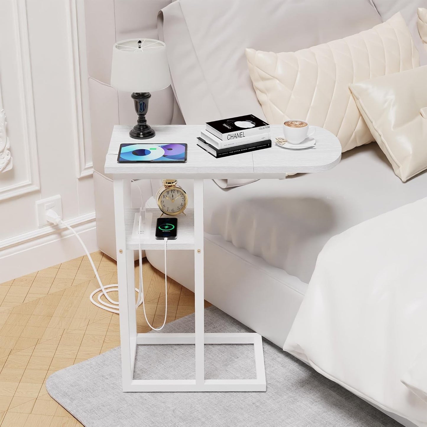 C Table End Table with Charging Station, Couch C Shaped Side Table for Living Room, Bedroom, Laptop Table with USB Ports and Type-C Port, Snack Tray Table for Couch