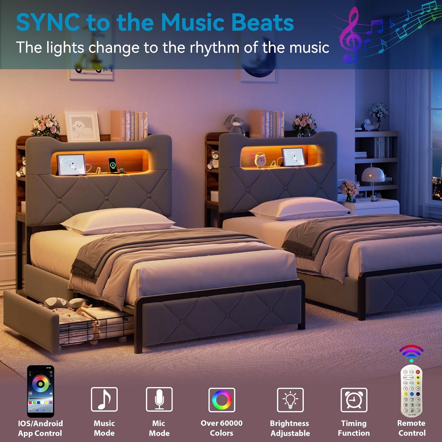 Twin Upholstered LED Bed Frame with 2 Storage Drawers and 2-Tier Storage Bookcase Headboard, Velvet Platform Bed for Kids/Girls/Boys, Heavy Duty Metal Support, No Box Spring Needed, Grey