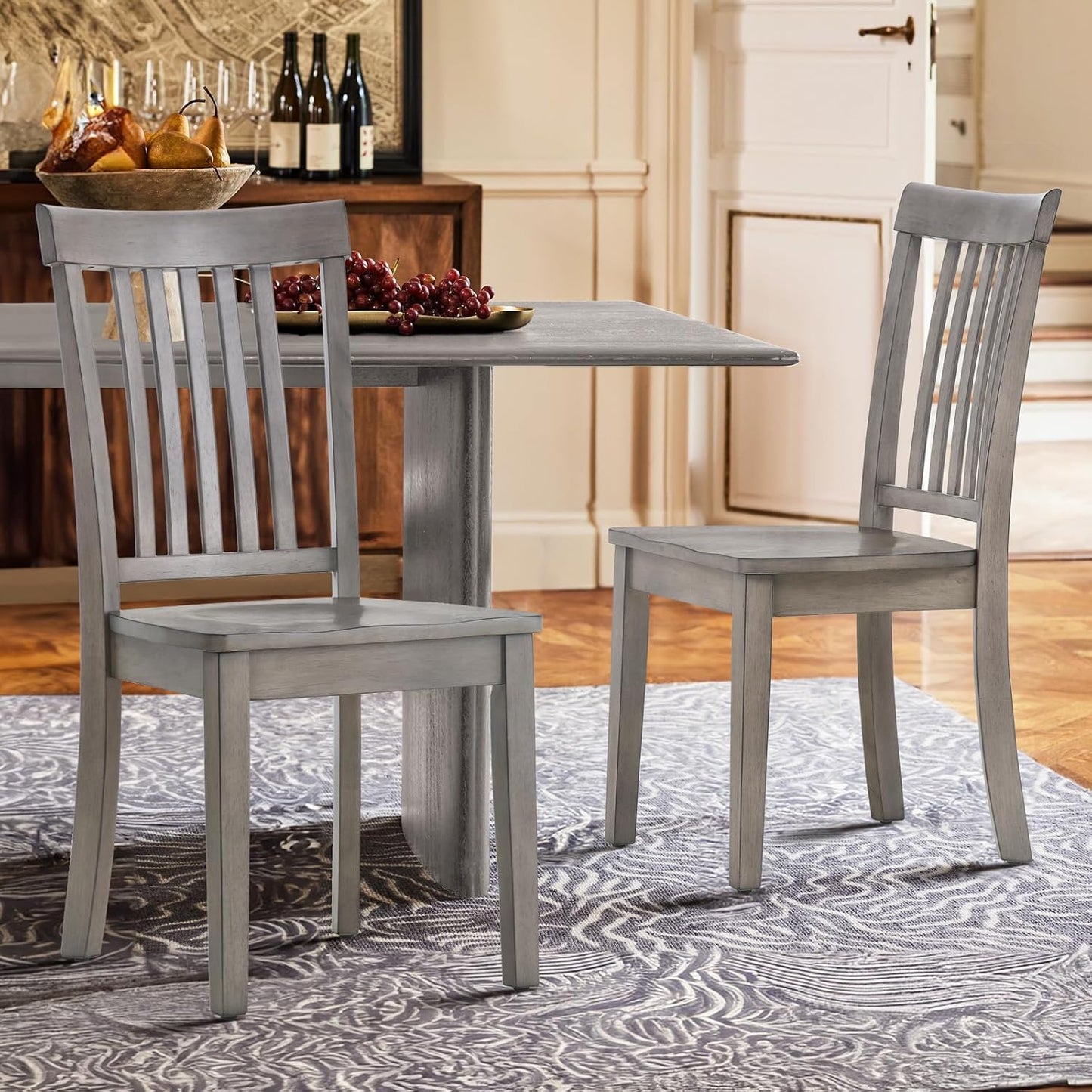 COLAMY Wooden Dining Chairs Set of 2, Spindle High Back Windsor Kitchen Side Chair, Farmhouse Dining Chairs for Kitchen and Dining Room, Light Grey