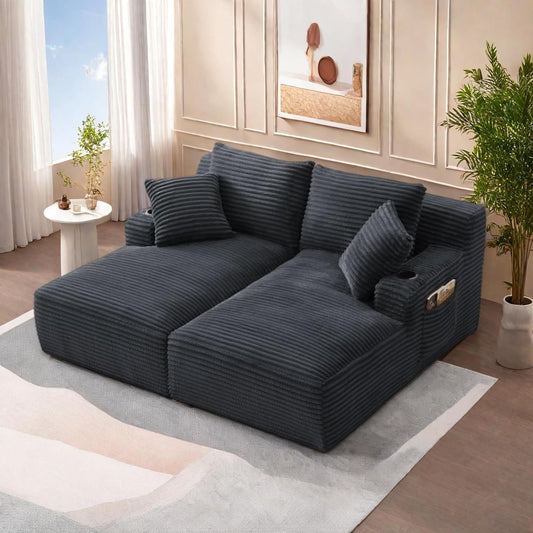 Oversized Sectional Double Chaise Lounge, Compressed Boneless Lounge Chaise with Cupholders, Boneless Sofa with Deep Seat, Fluffy Modern Sleeper Loveseat for Indoor Living Room, Dark Grey