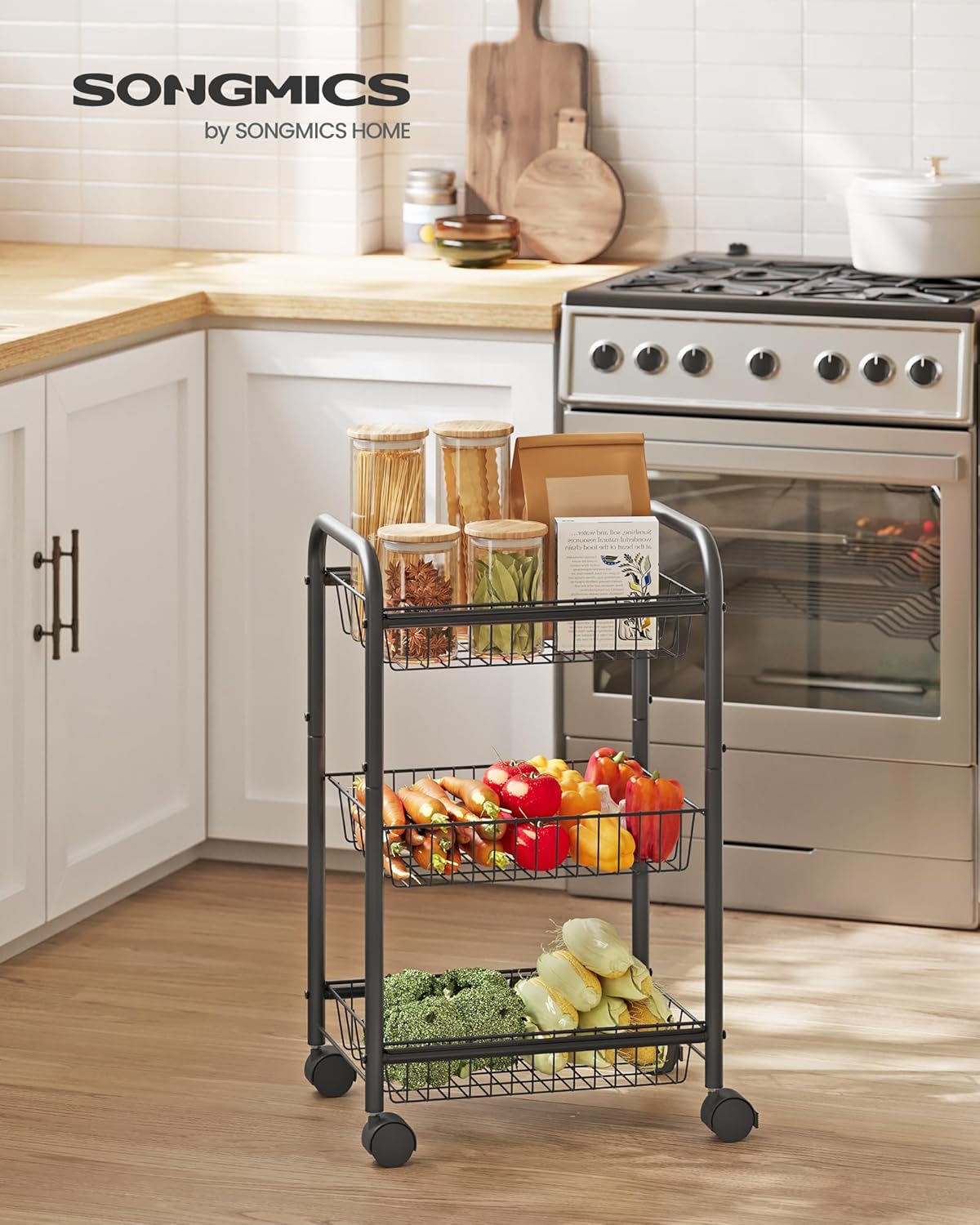 SONGMICS 3-Tier Metal Rolling Cart on Wheels with Baskets, Lockable Utility Trolley with Handles for Kitchen Bathroom Closet, Storage with Removable Shelves, Black UBSC03BK