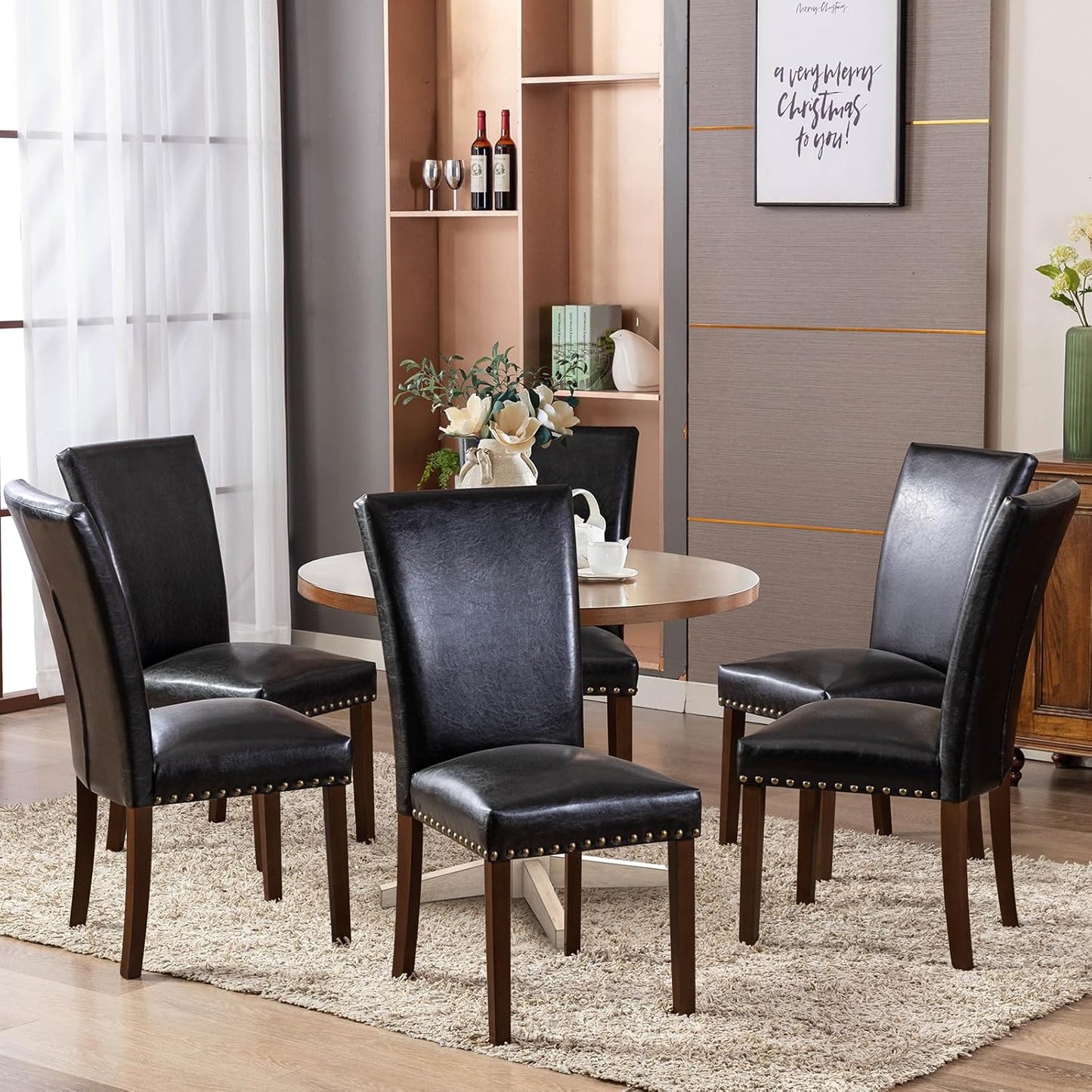COLAMY Upholstered Parsons Dining Chairs Set of 6, PU Leather Dining Room Kitchen Side Chair with Nailhead Trim and Wood Legs - Black