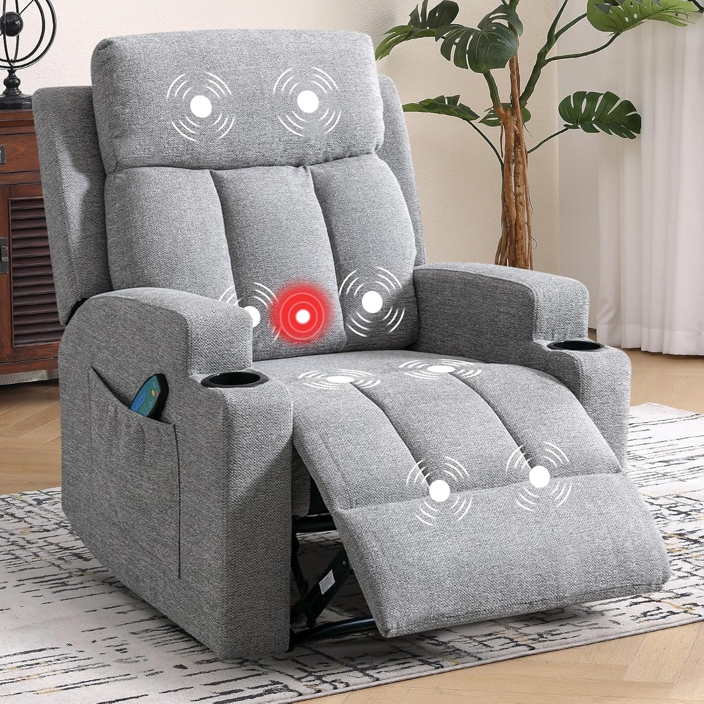 Phoenix Home Manual Recliner Chair Set of 2 with Massage and Heat, Ergonomic Overstuffed Breathable Fabric Recliner Single Sofa Seat with 2 Cup Holders, Living Room Lounge Recliners on Clearance, Gray