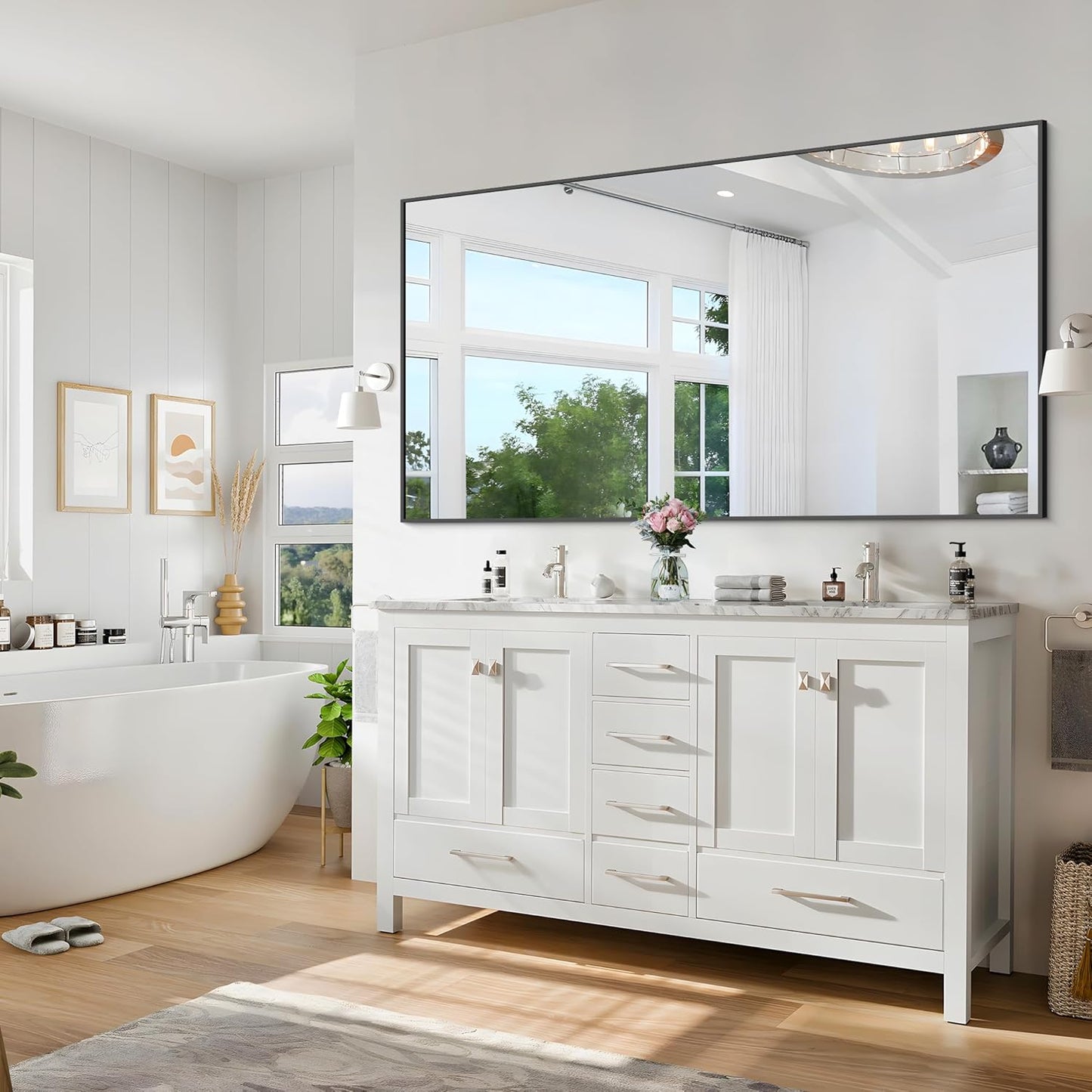 Black Bathroom Mirror for Wall, 55x30 Inch Rectangle Mirrors with Metal Frame, Modern Vanity Wall Mirror Decor for Bathroom Living Room, Entryway Hangs Horizontal or Vertical