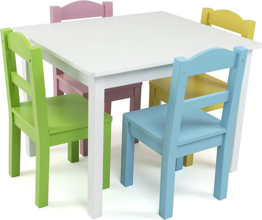 Humble Crew Kids Wooden Table and 4 Chairs Set, White/Pastels - Kids Table and Chair Set for Toddlers and Children for Arts, Crafts, and Snack Time - Sturdy, Durable Toddler Activity Table