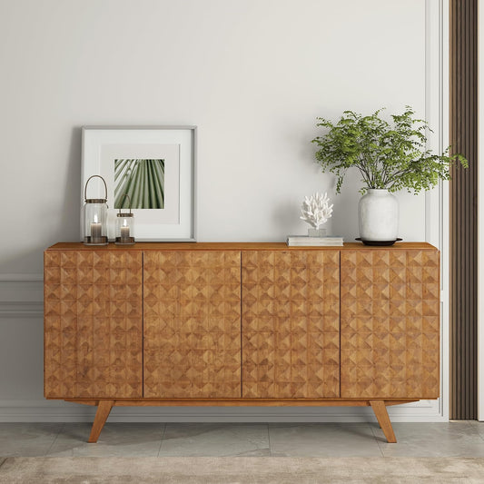 NTC Sapa Mid-Century Modern Solid Wood Sideboard – 4-Door Accent Buffet Cabinet with Carved Geometric Fronts, for Living Room, Dining Room, or Entryway, Effortless Assembly, Teak Look
