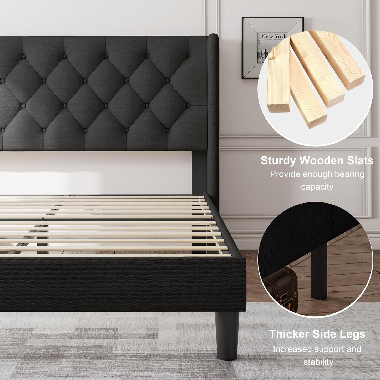 Feonase Full Size Bed Frame with Upholstered Wingback Headboard,Button Tufted Platform Bed and Heavy Duty Wooden Slats Support,Easy Assembly, Noise-Free,No Box Spring Needed, Black