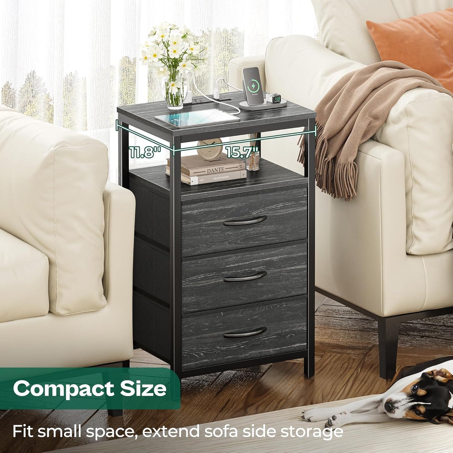 Huuger Nightstand with Charging Station, 27.6 Inch End Table Bedside Table with USB Ports and Outlets, Night Stand for Bedroom, Fabric Drawers, Charcoal Black Wood Grain Print