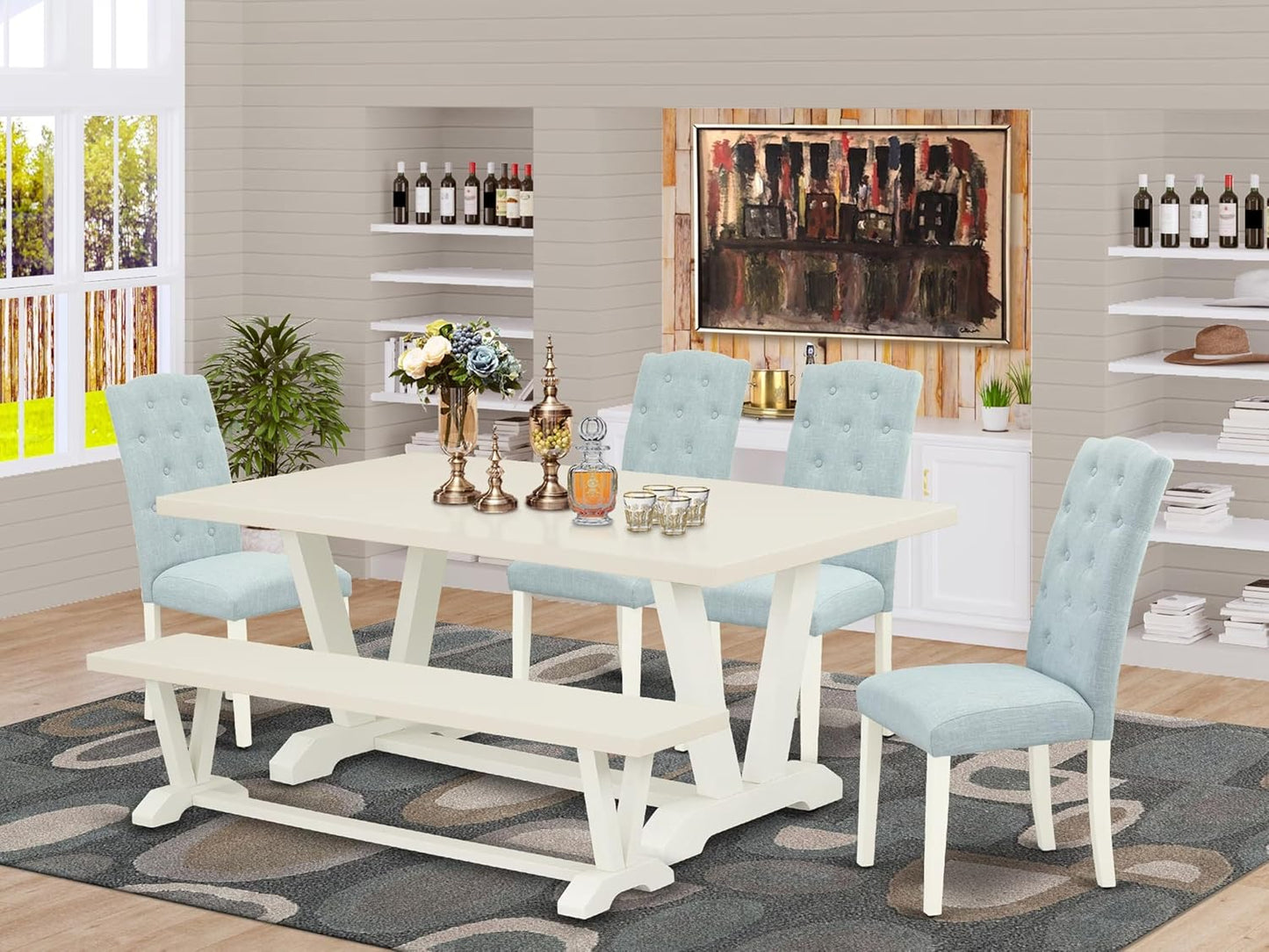 East West Furniture V027CE215-6 6 Piece Dining Room Table Set Contains a Rectangle Kitchen Table with V-Legs and 4 Baby Blue Linen Fabric Parson Chairs with a Bench, 40x72 Inch, Multi-Color