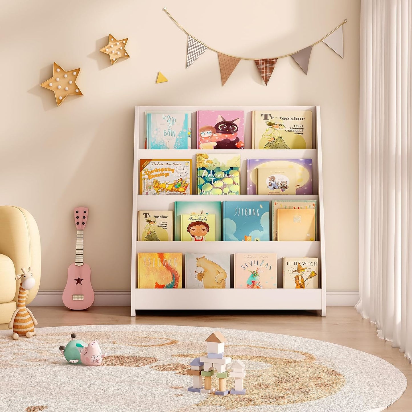 Tatub 4 Tier Kids Wooden Bookshelf, Toddler Sling Bookcase Montessori Bookshelf, Children Front Facing Book Shelf for Nursery, Playroom and Classroom, White