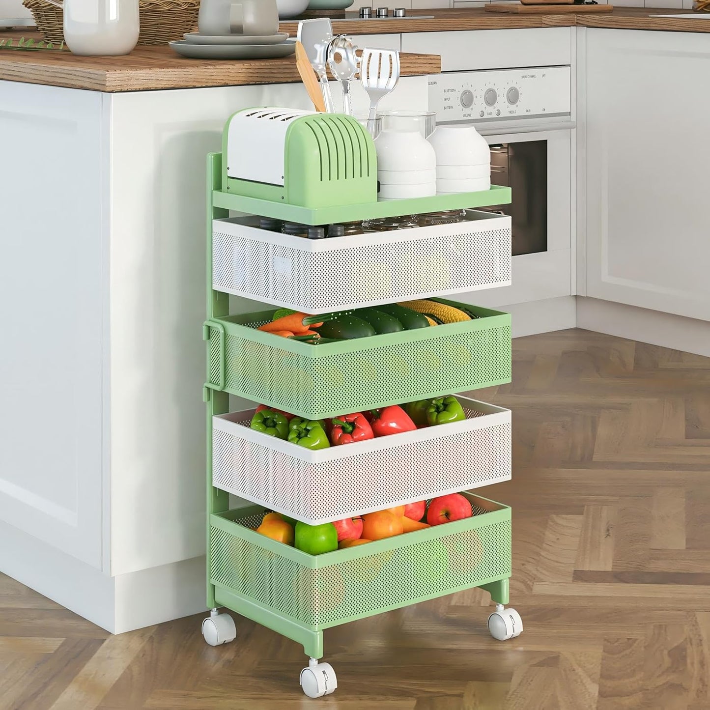Fruit Basket for Kitchen No Assembly 4-Tier Rotating Storage Rack, Vegetable Storage Cart，Bathroom Shelf,Storage Drawer Cart,Kitchen Organizers and Storage Cart(Green White, 4 Tier-Square)