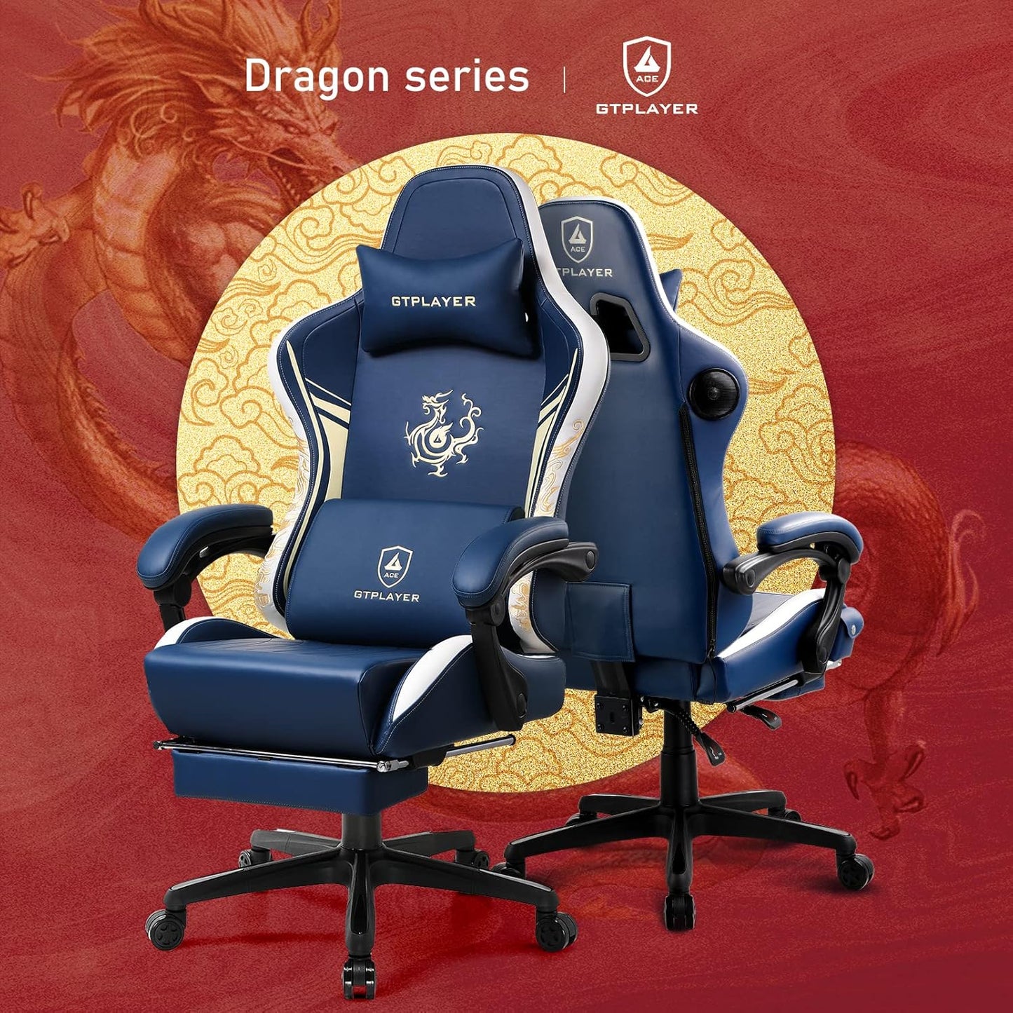 GTPLAYER Gaming Chair with Bluetooth Speakers and Footrest, Dragon Series Video Game Chair ，Heavy Duty, Ergonomic, Esports Computer Office Chair Blue (Royal Blue)
